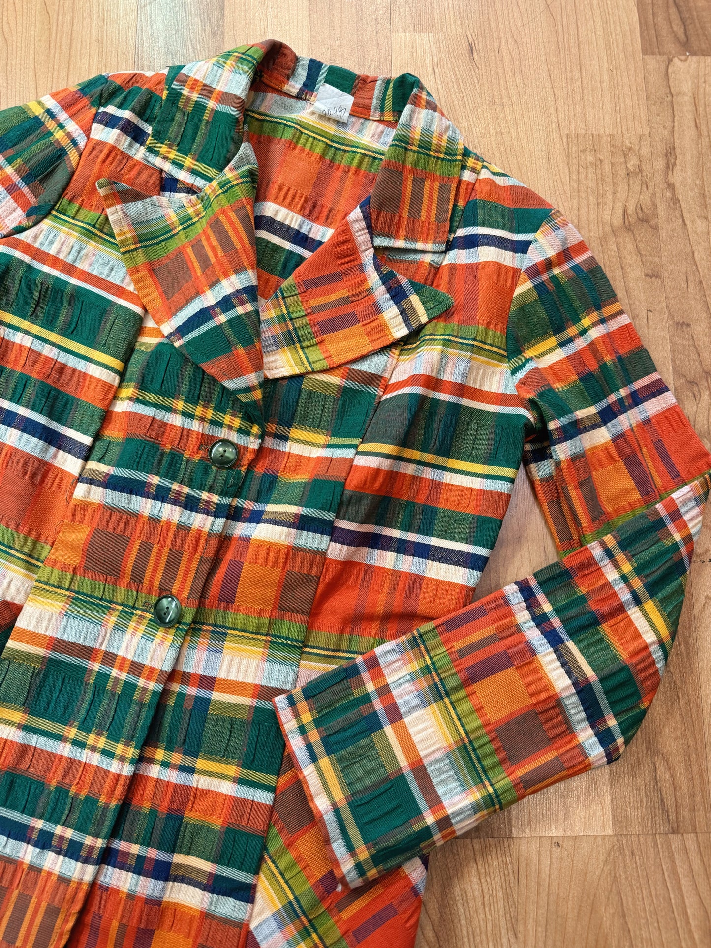 Vintage 1970s Multi Plaid Woven Blazer Jacket | XS/S