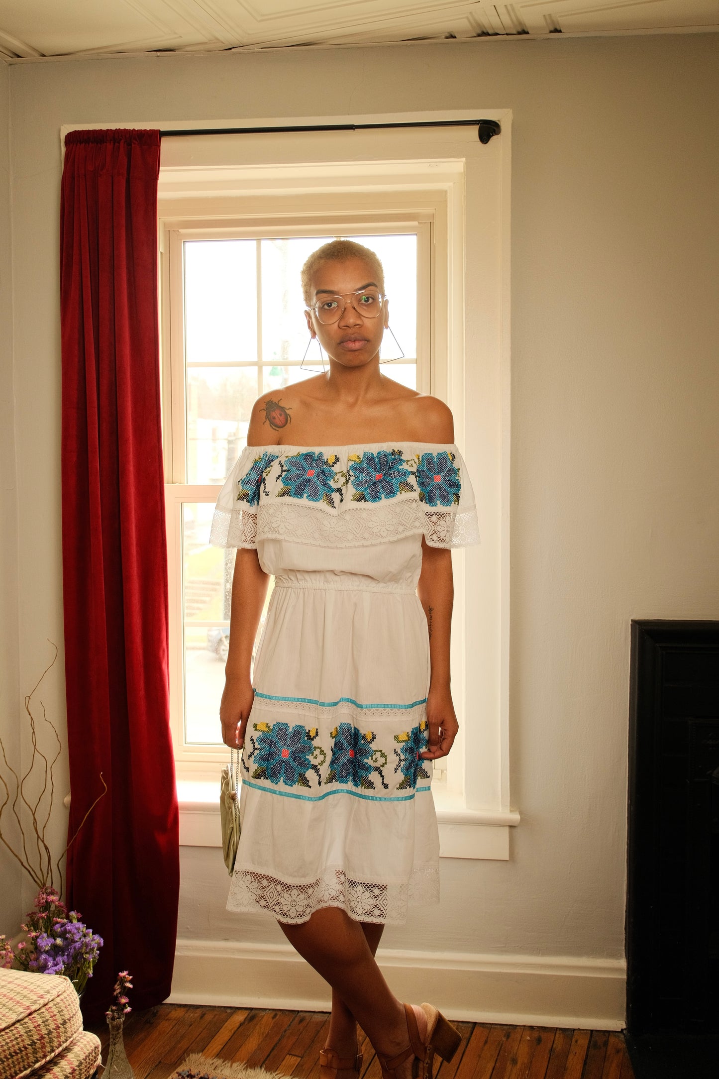 Vintage Mexican Embroidered Off Shoulder Cotton Dress | Medium
