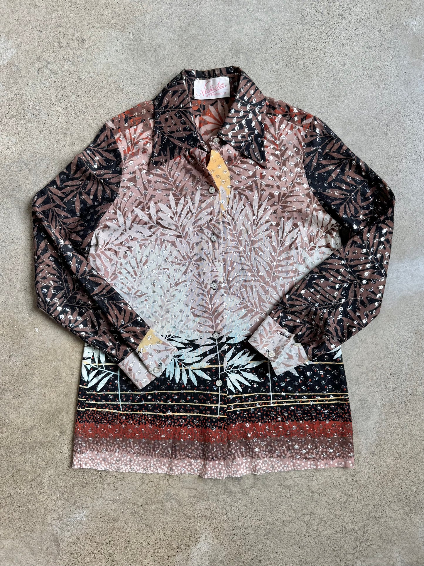Vintage 1970s Natasha Originals Botanical Print Metallic Disco Shirt | Medium
