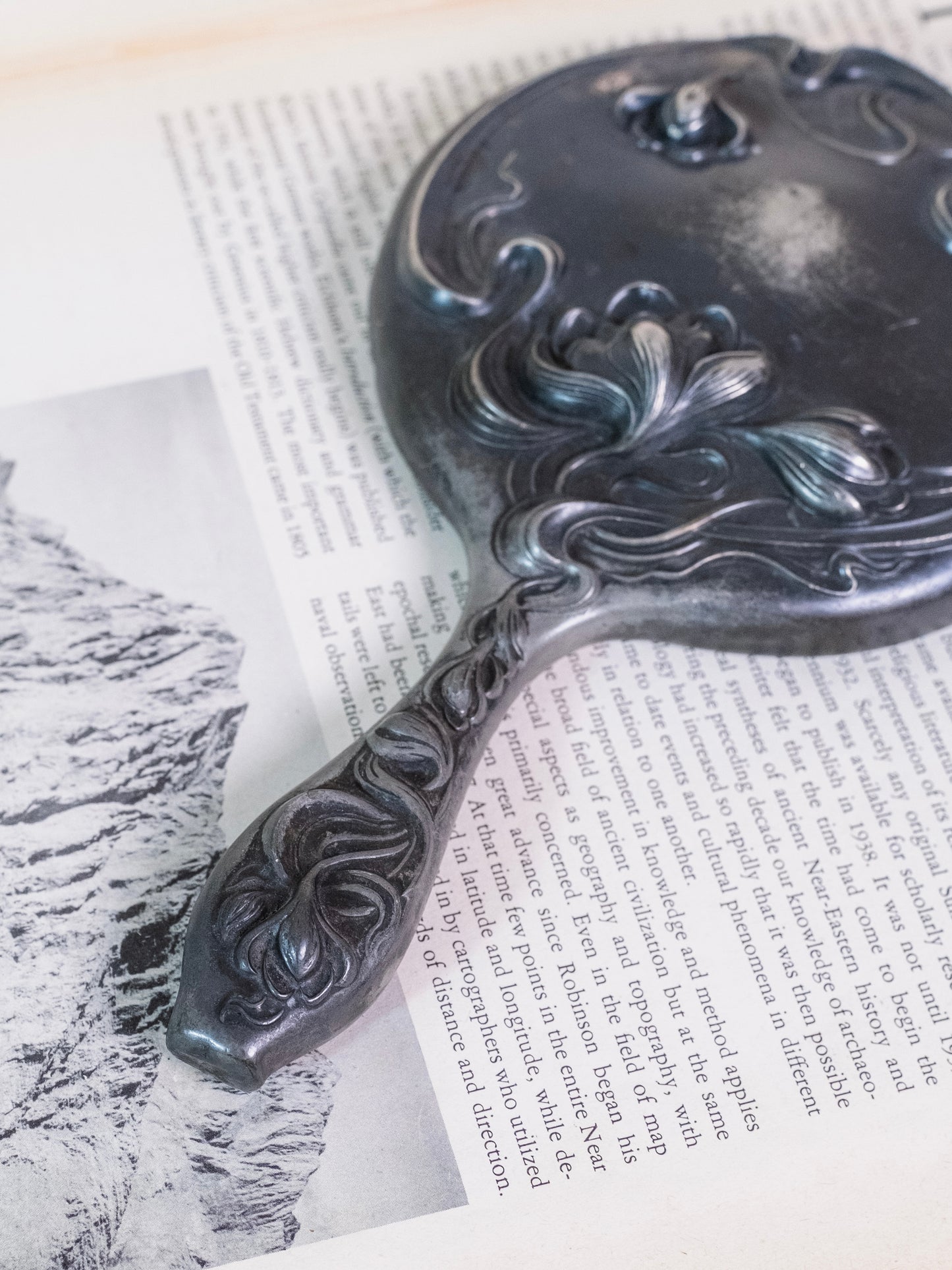 Antique Victorian Era Metal Floral Stamped Hand Mirror