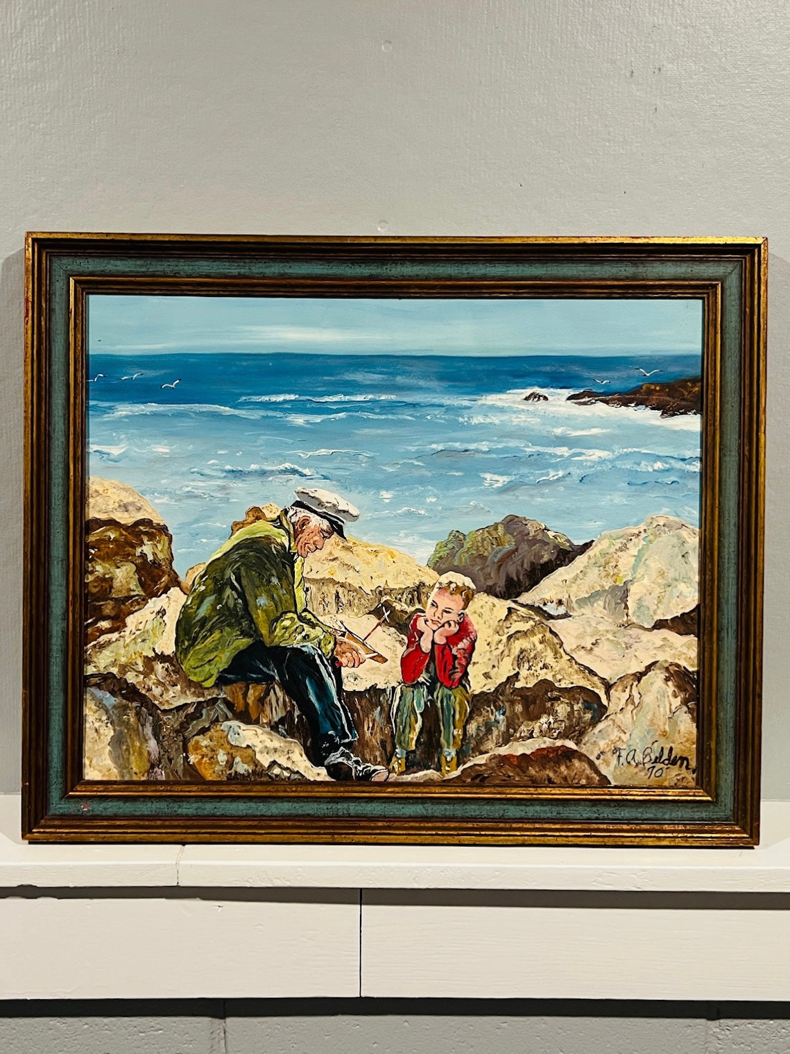 Vintage Framed Sailor & Boy Seascape Oil Painting | Signed