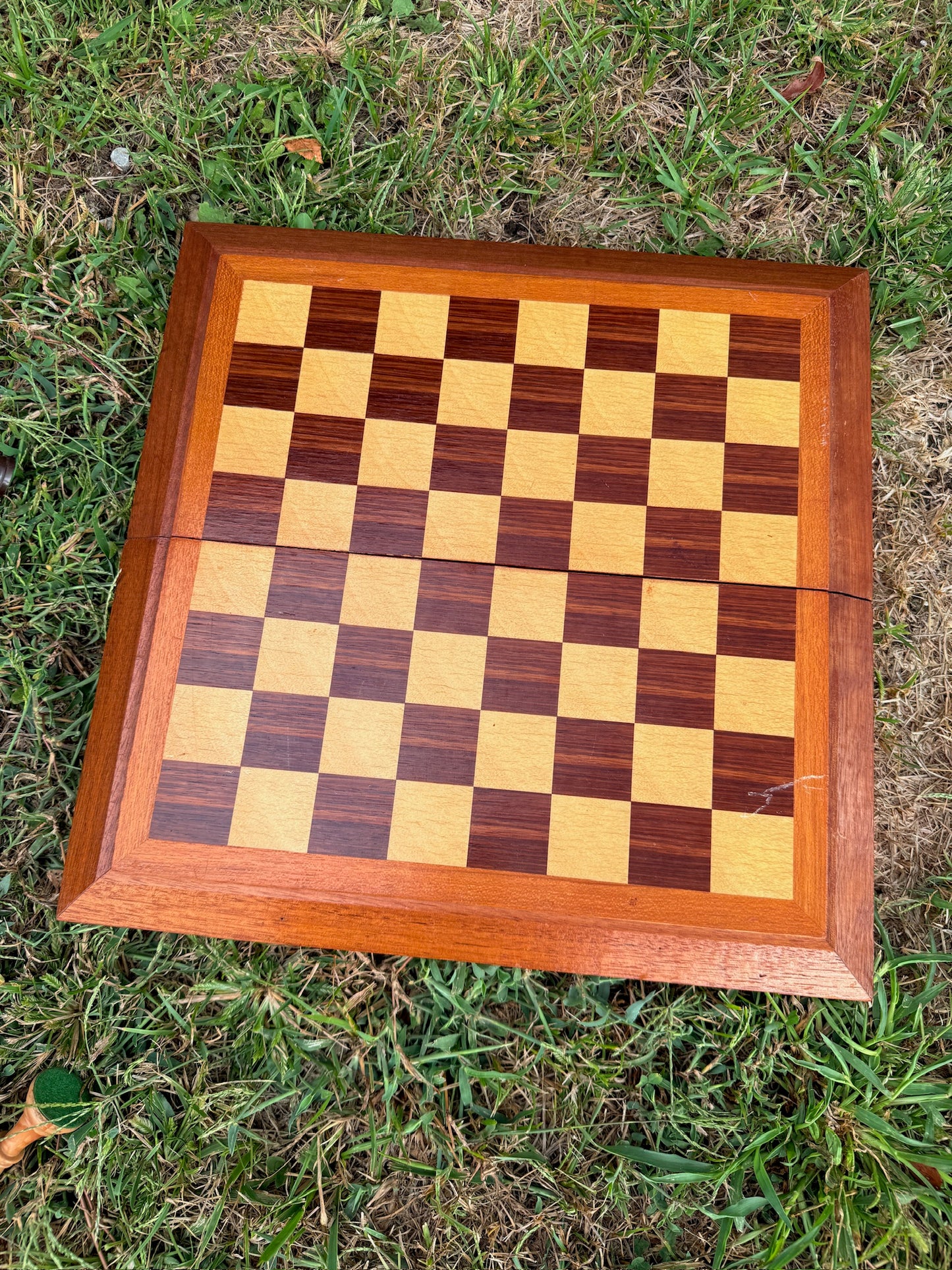 Vintage 1960s Wood Folding Chess Board w/ Chess Pieces
