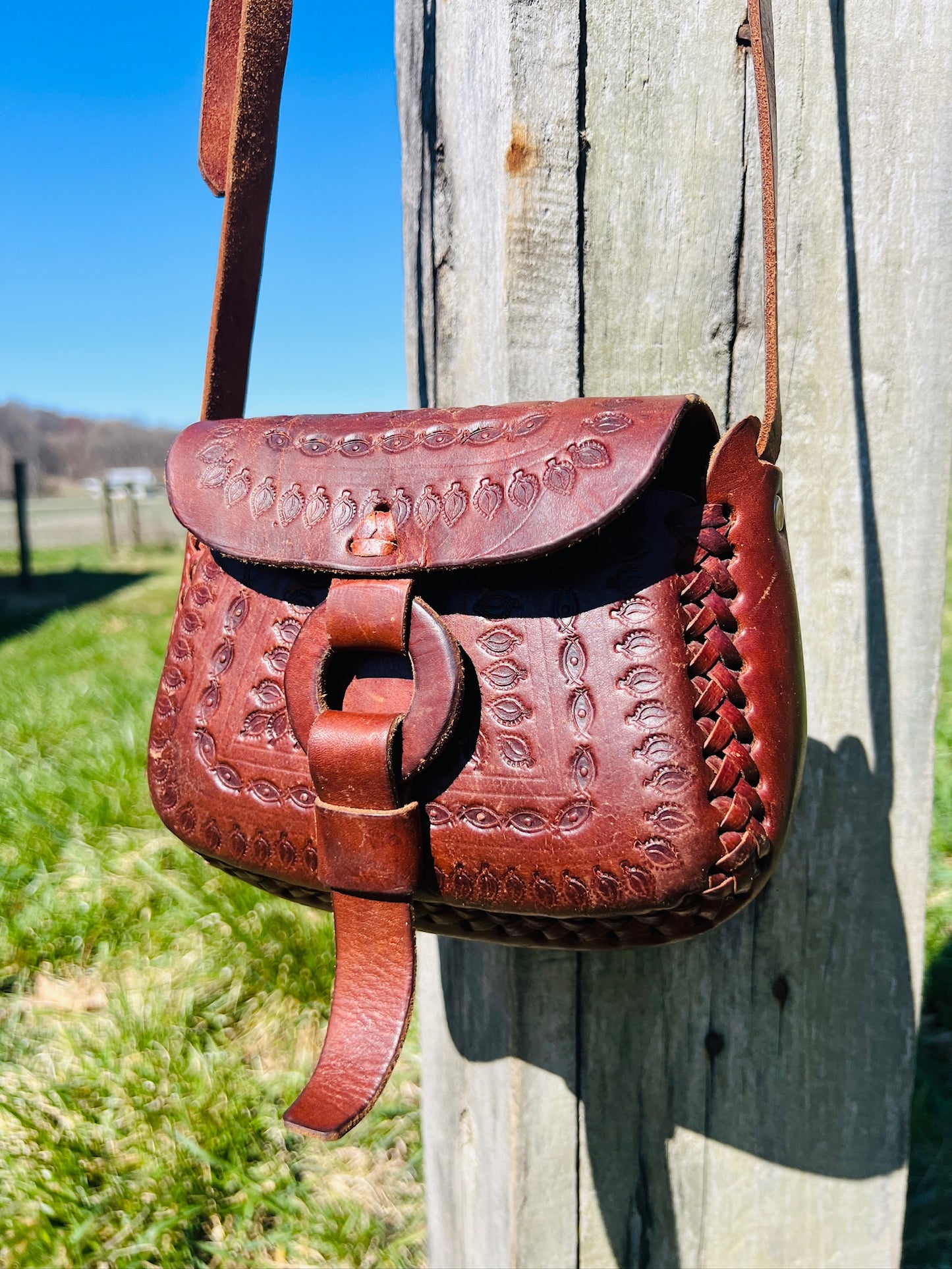 Vintage 1960s Hand-Tooled Brown Leather Purse