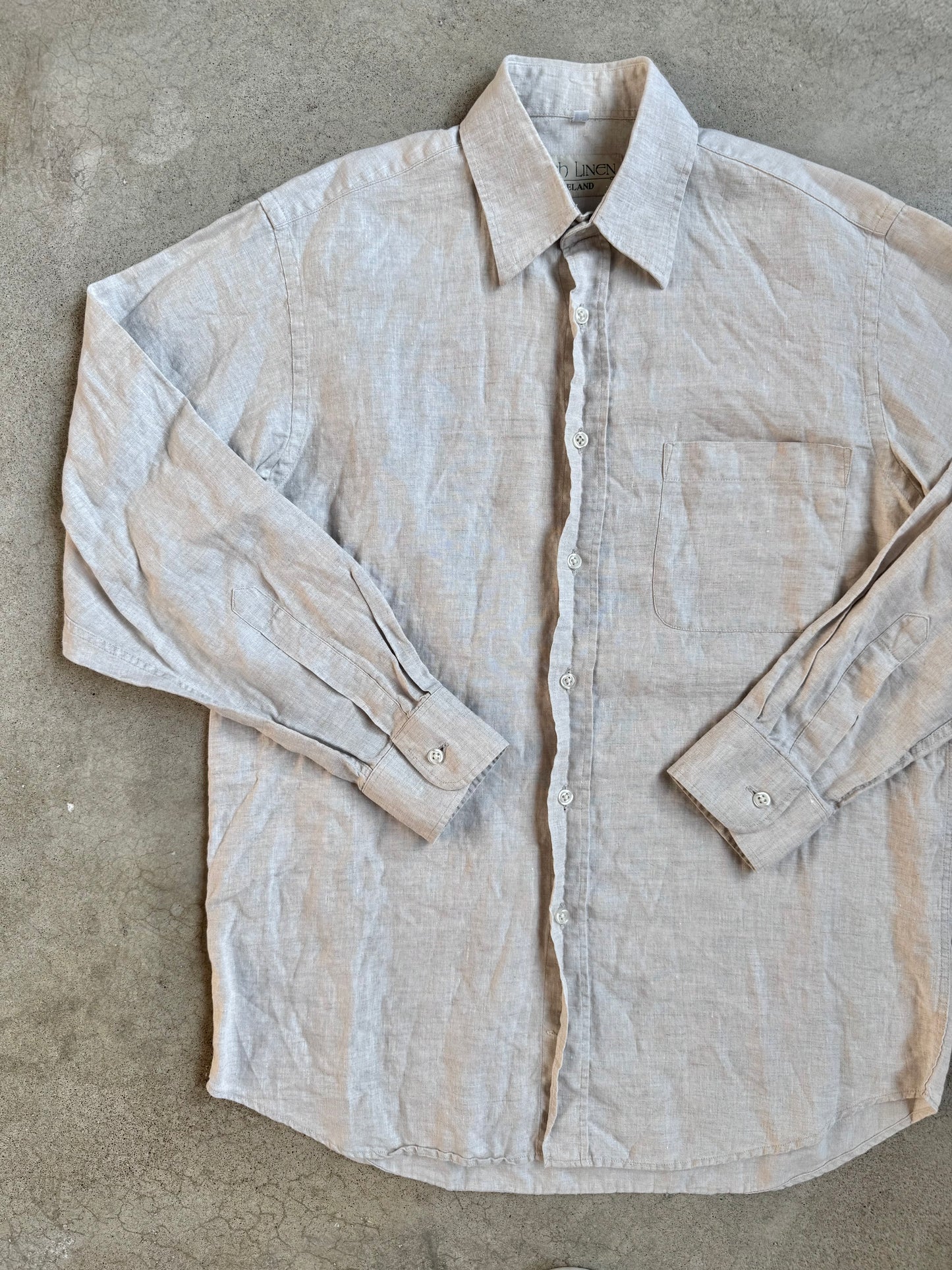 Vintage Irish Linen Co. Beige Button-Up Shirt | Small