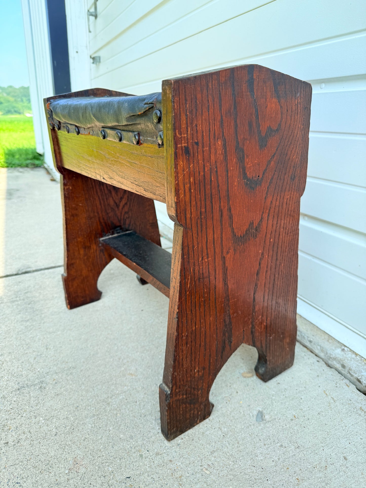 Antique 1920s Arts & Crafts Style Oak & Leather Stool