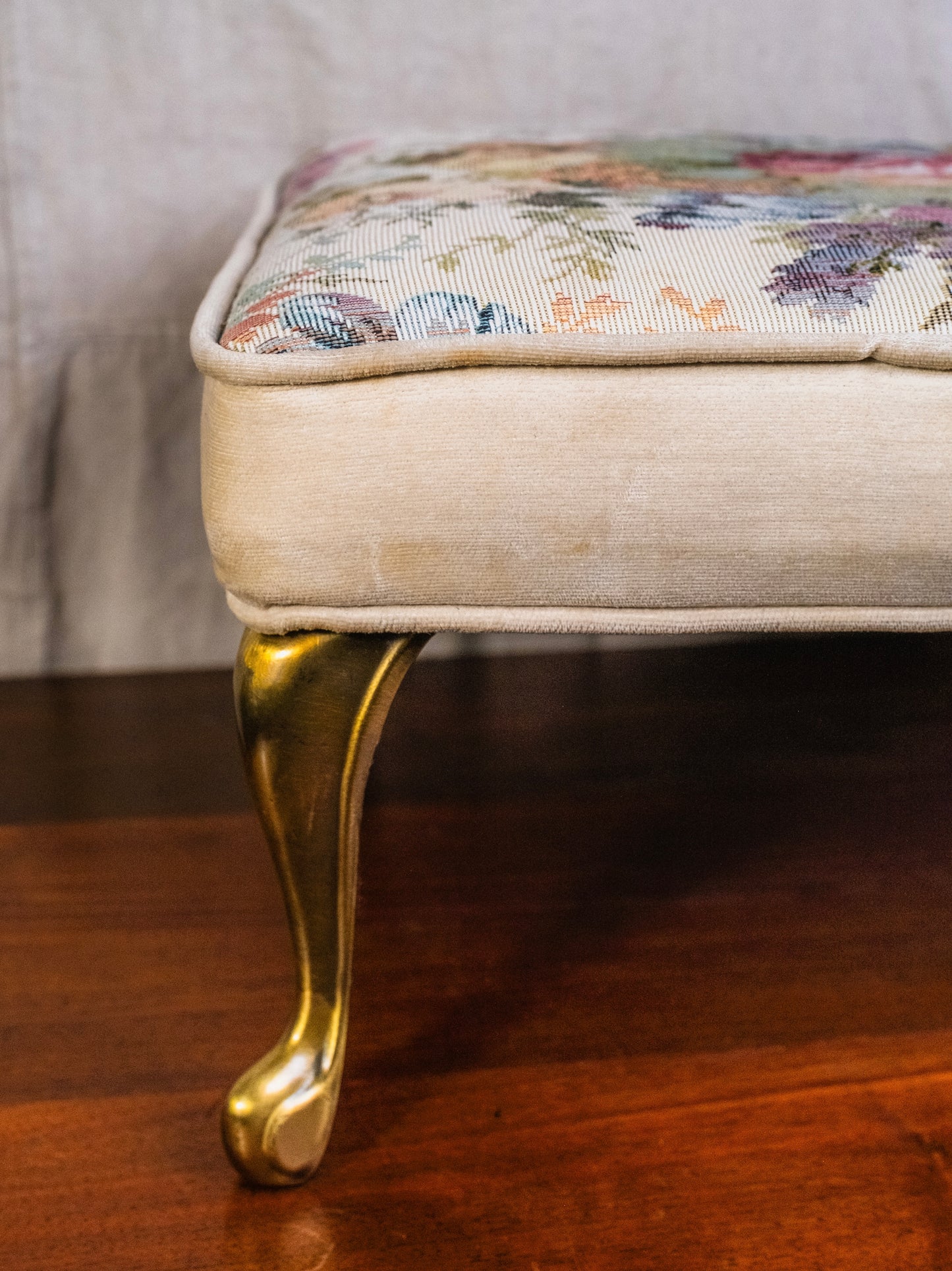 Vintage 1950s Brass Footed Floral Tapestry Footstool
