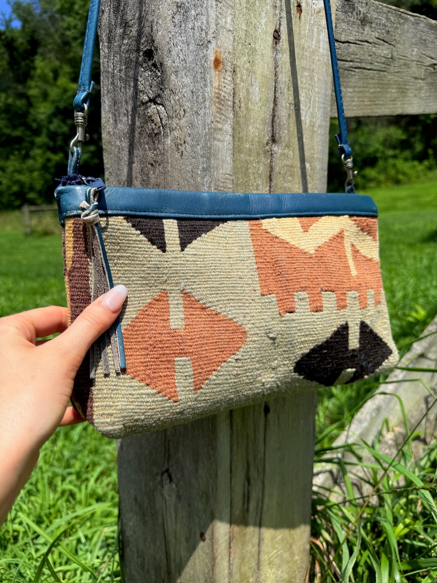 Vintage 1970s Turquoise Leather Tapestry Crossbody Bag
