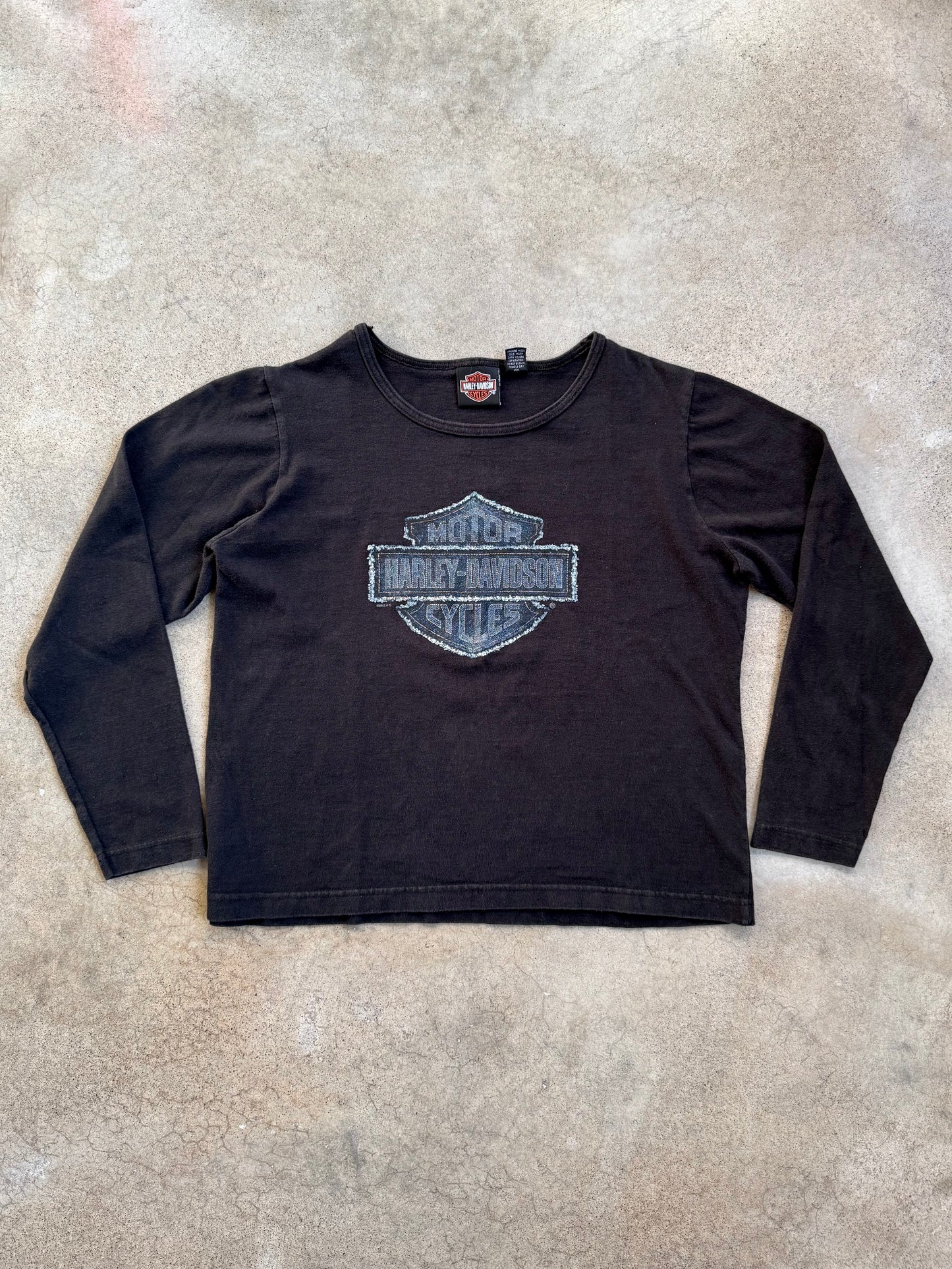 2000s Boston Harley Davidson Denim Graphic Long Sleeve Cotton Tee | Small
