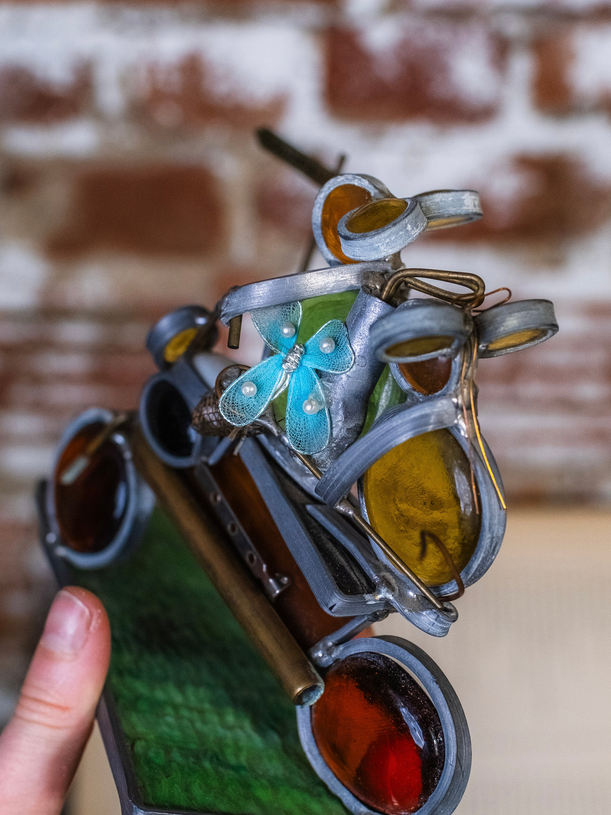 Vintage Stained Glass Columbus OH Motorcycle Art Sculpture