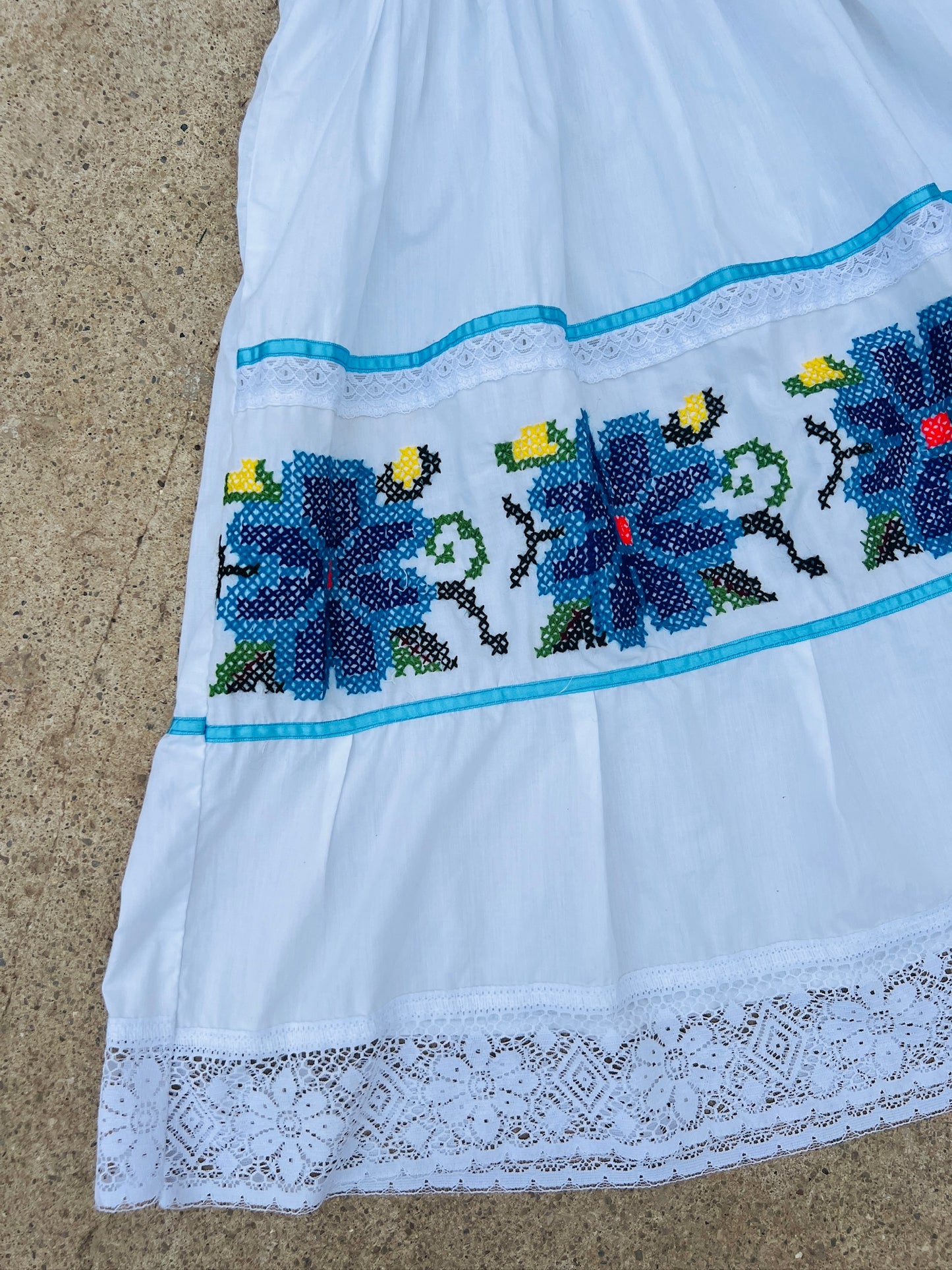 Vintage Mexican Embroidered Off Shoulder Cotton Dress | Medium
