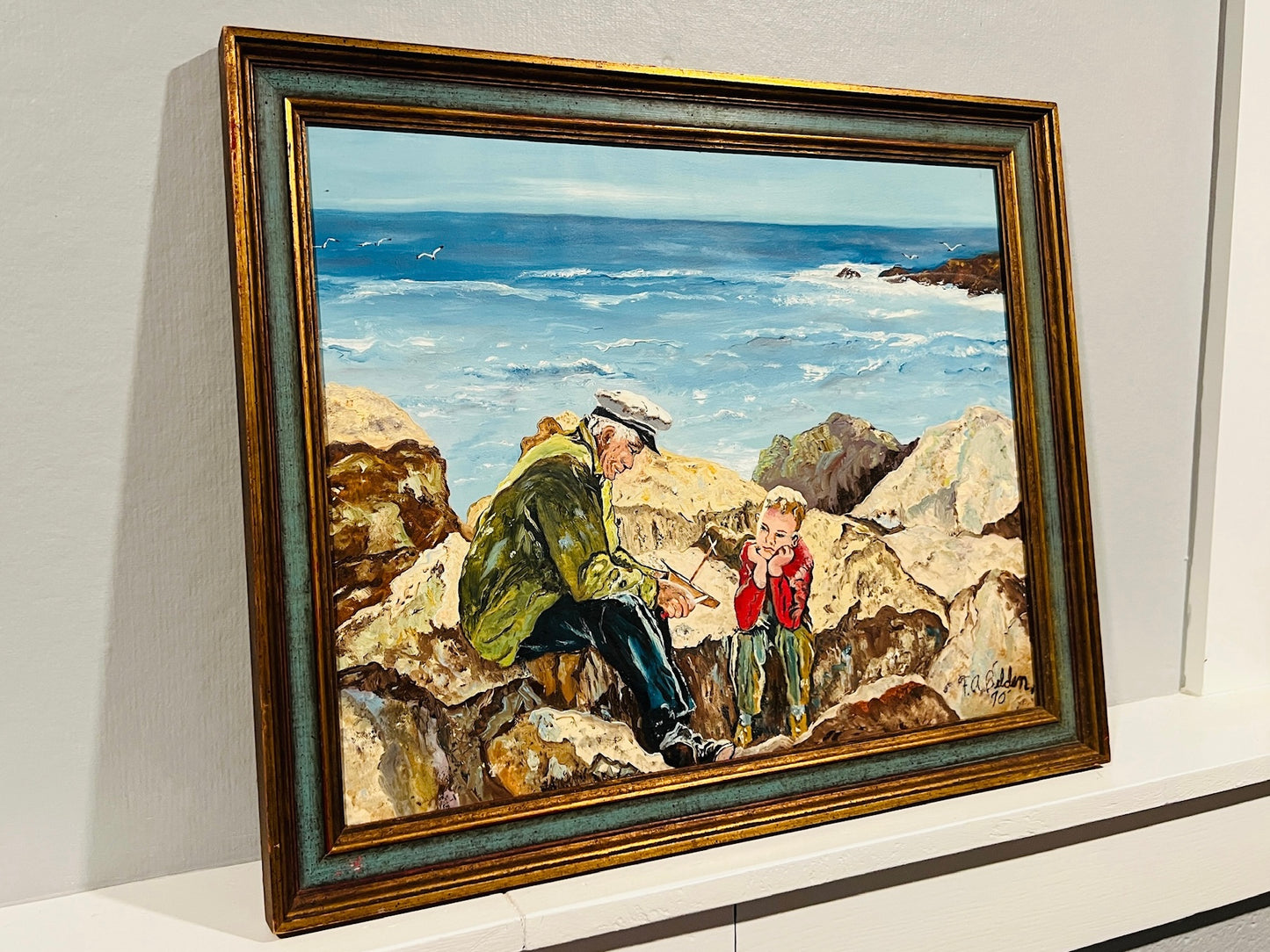 Vintage Framed Sailor & Boy Seascape Oil Painting | Signed