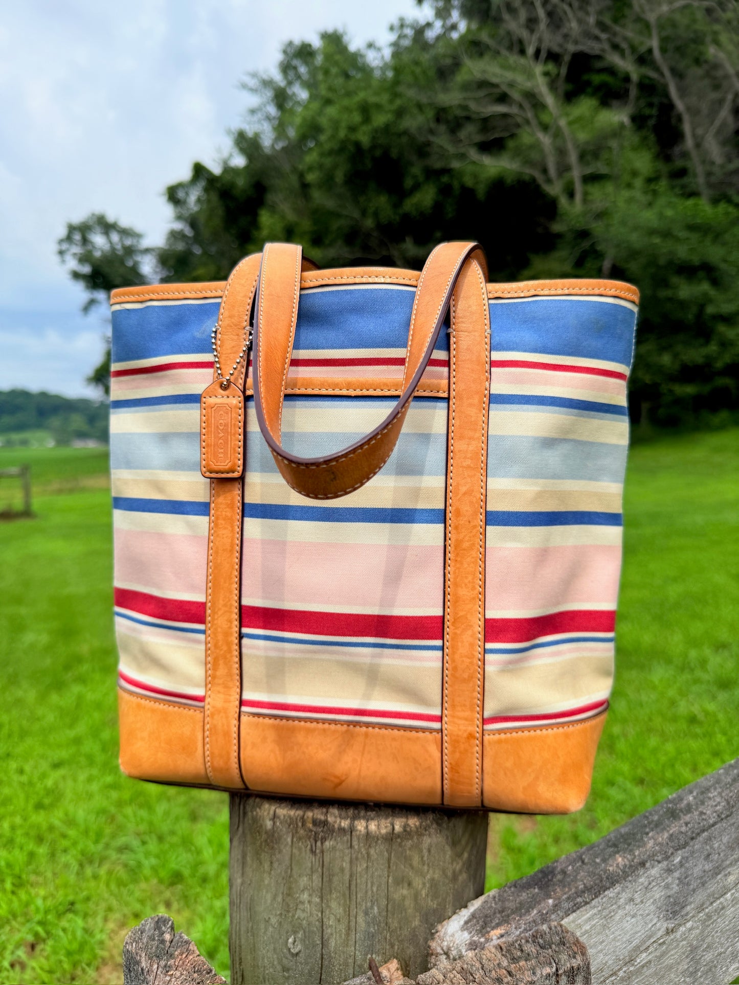 2000s Coach Hampton Striped Canvas & Tan Leather Tote Bag