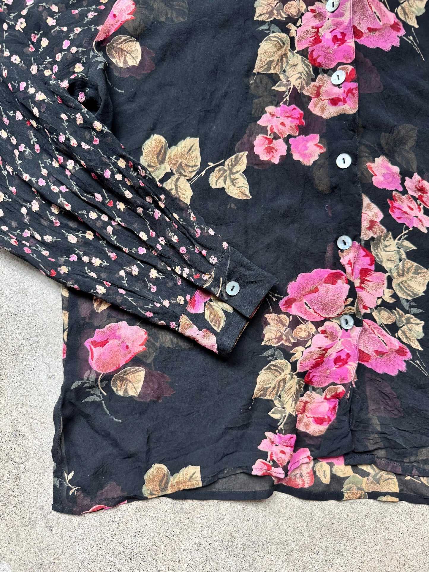 Vintage 1990s Tess Multi Floral Print 100% Silk Sheer Blouse | Large