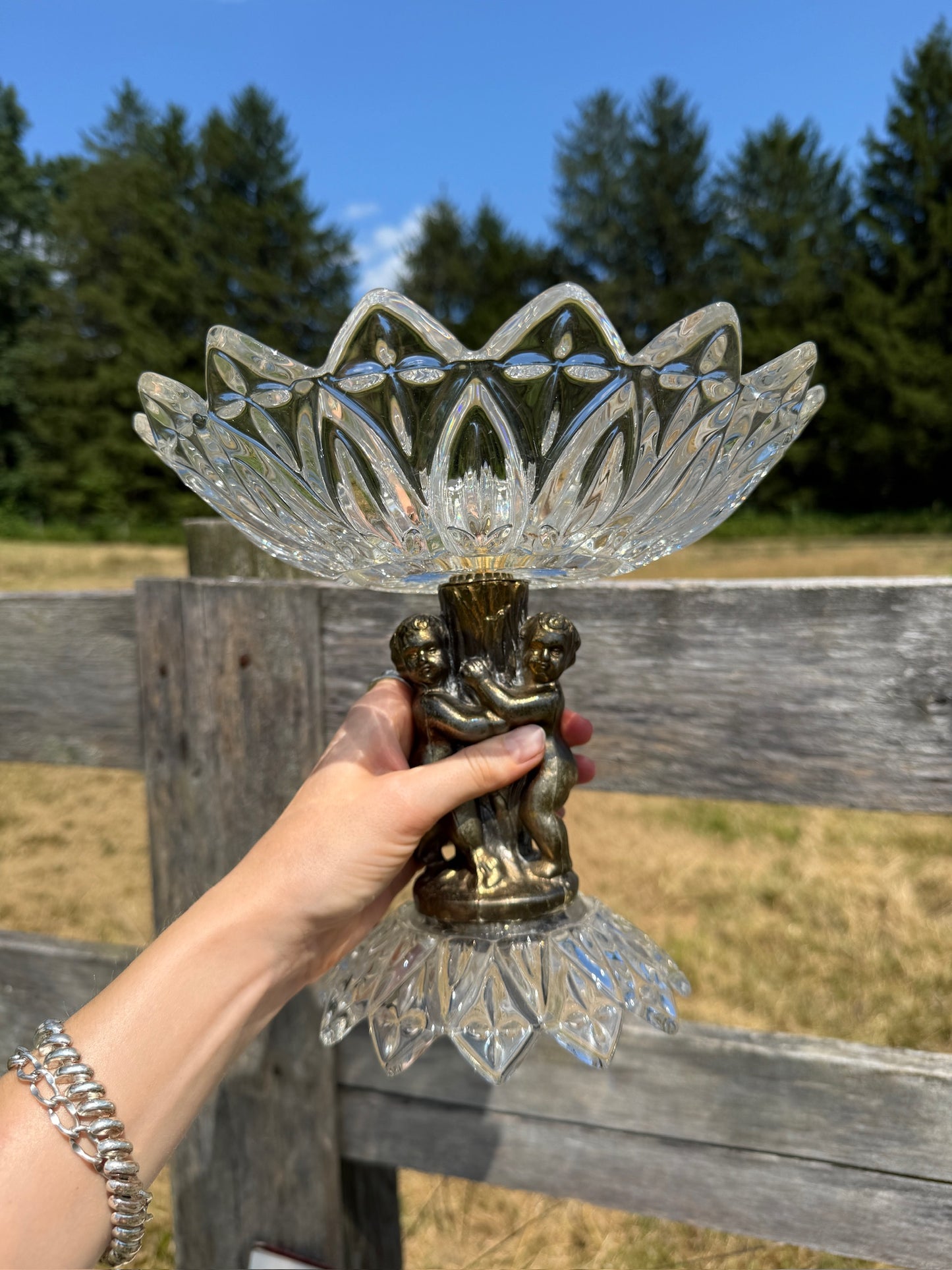 Vintage 1950s Brass & Crystal Pedestal Cherub Dish