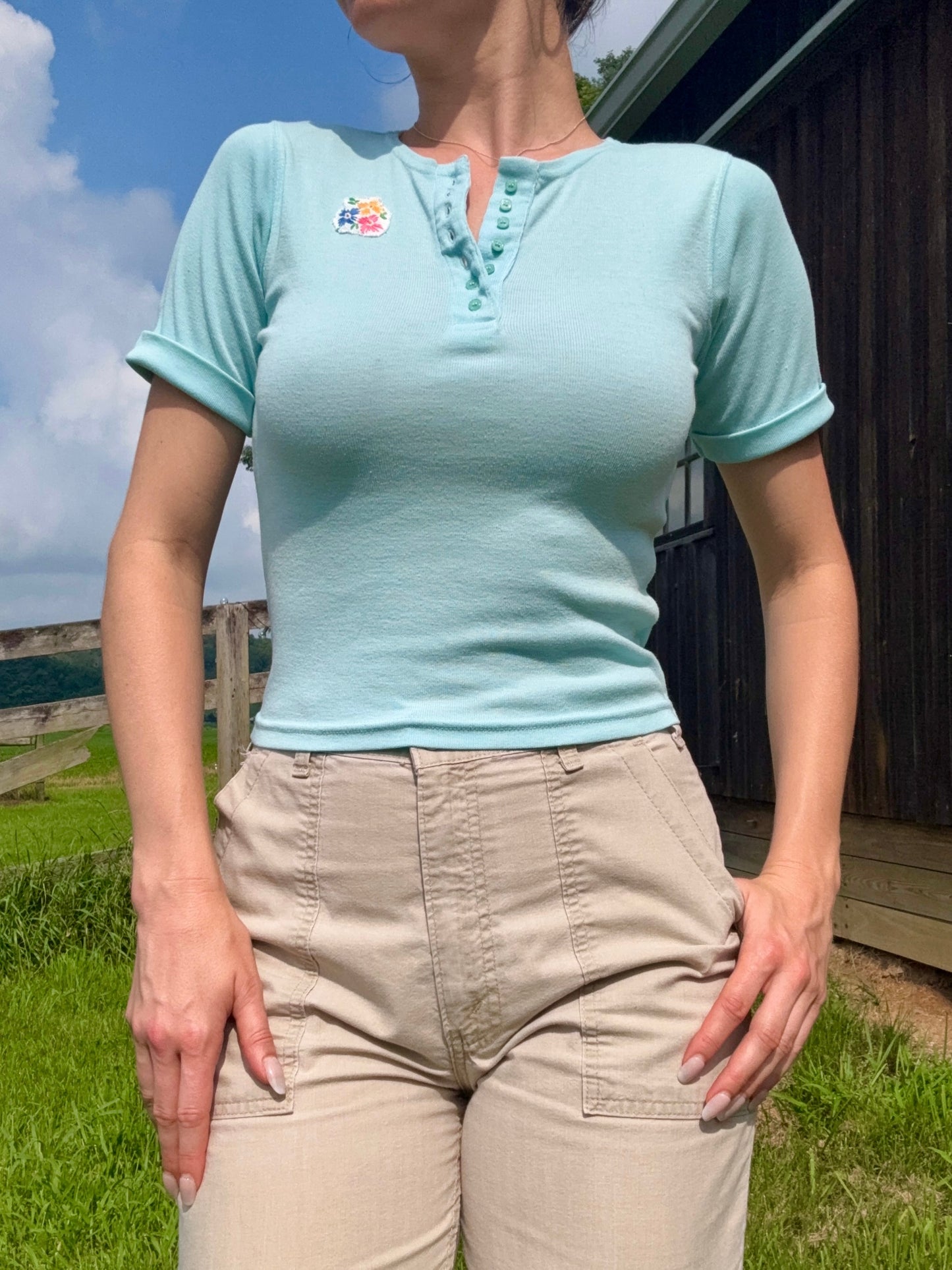 Vintage 1960s Royal Deb Baby Blue Floral Embroidered Henley Tee | Medium