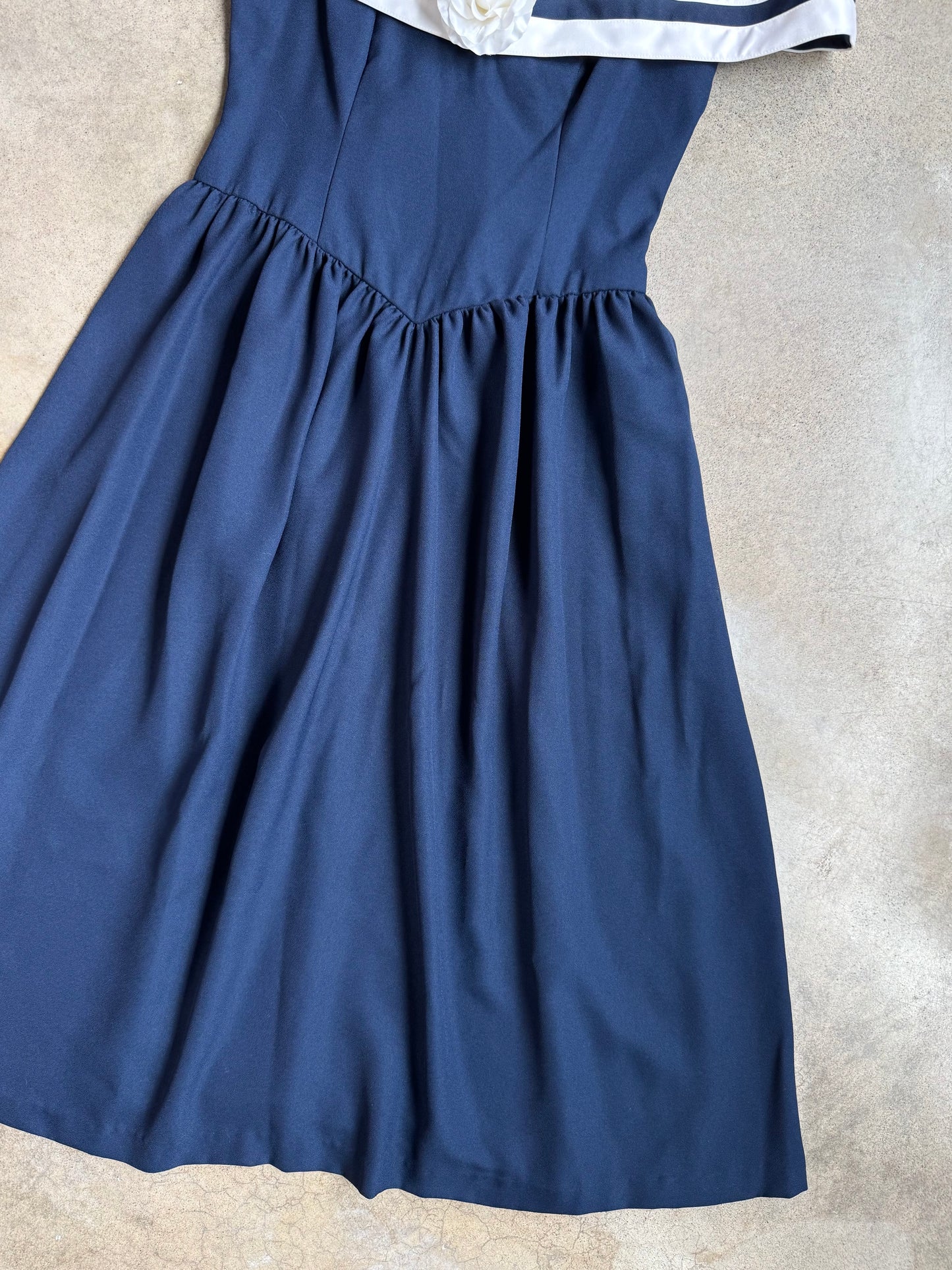 Vintage 1980s Navy Blue Tea-Length Sailor Dress | Medium