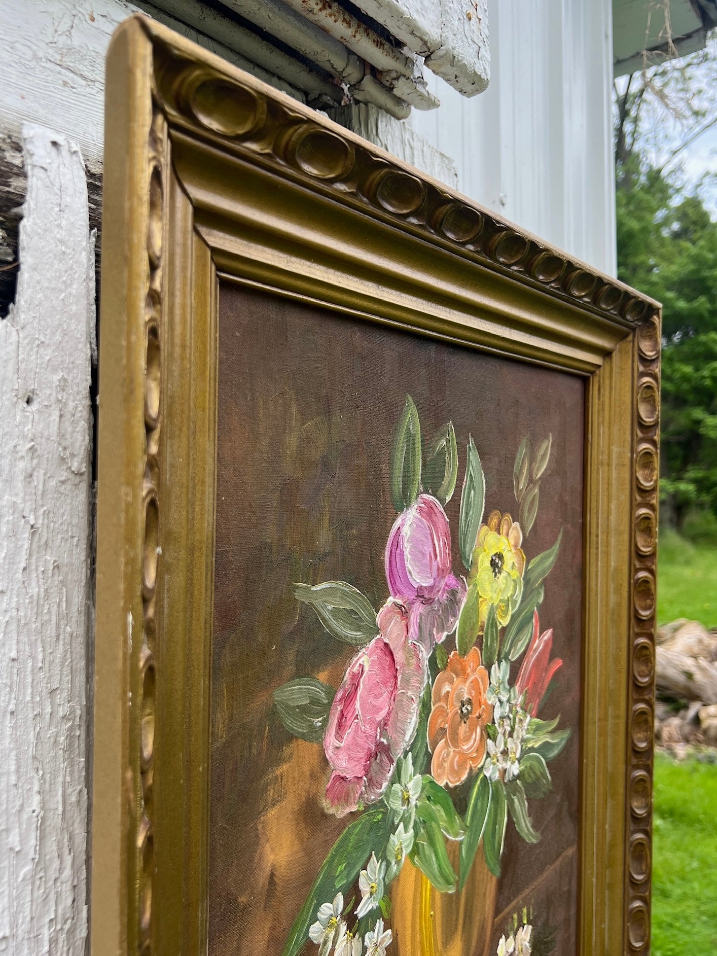 Vintage 1950s Gold Framed Floral Oil Painting |Signed