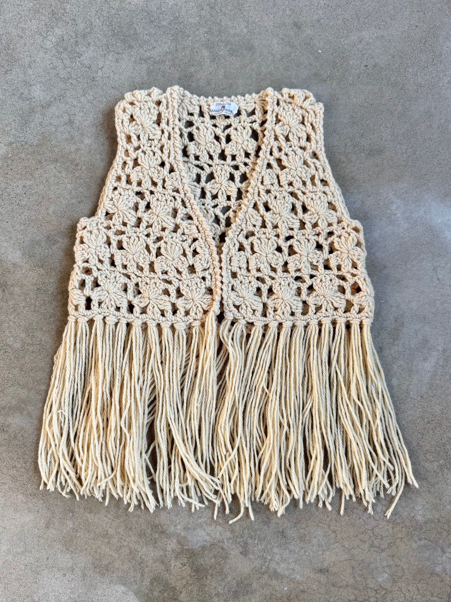 Vintage 1960s Sanger-Harris Cream Crochet Fringe Vest | M/L