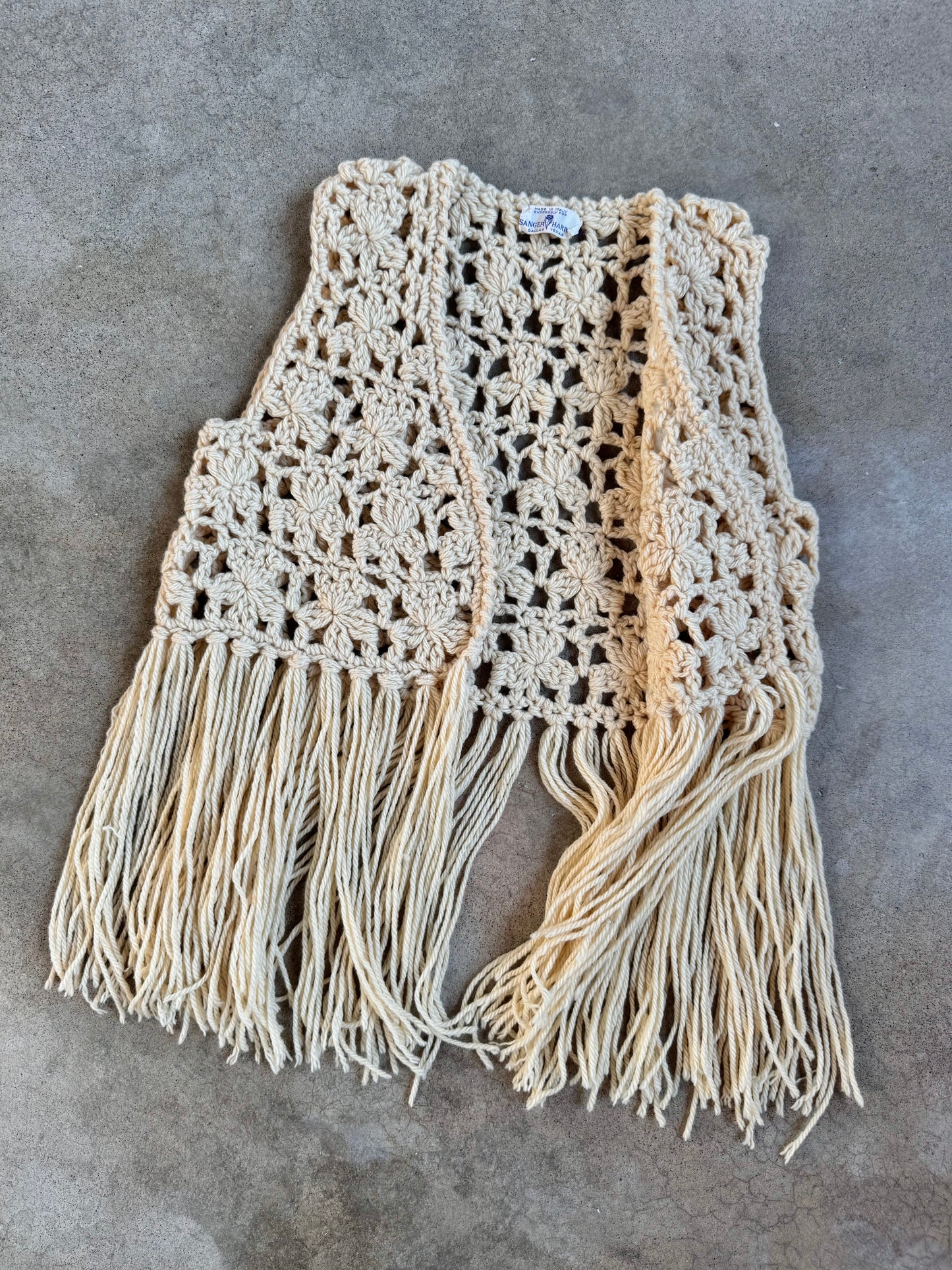 Vintage 1960s Sanger-Harris Cream Crochet Fringe Vest | M/L
