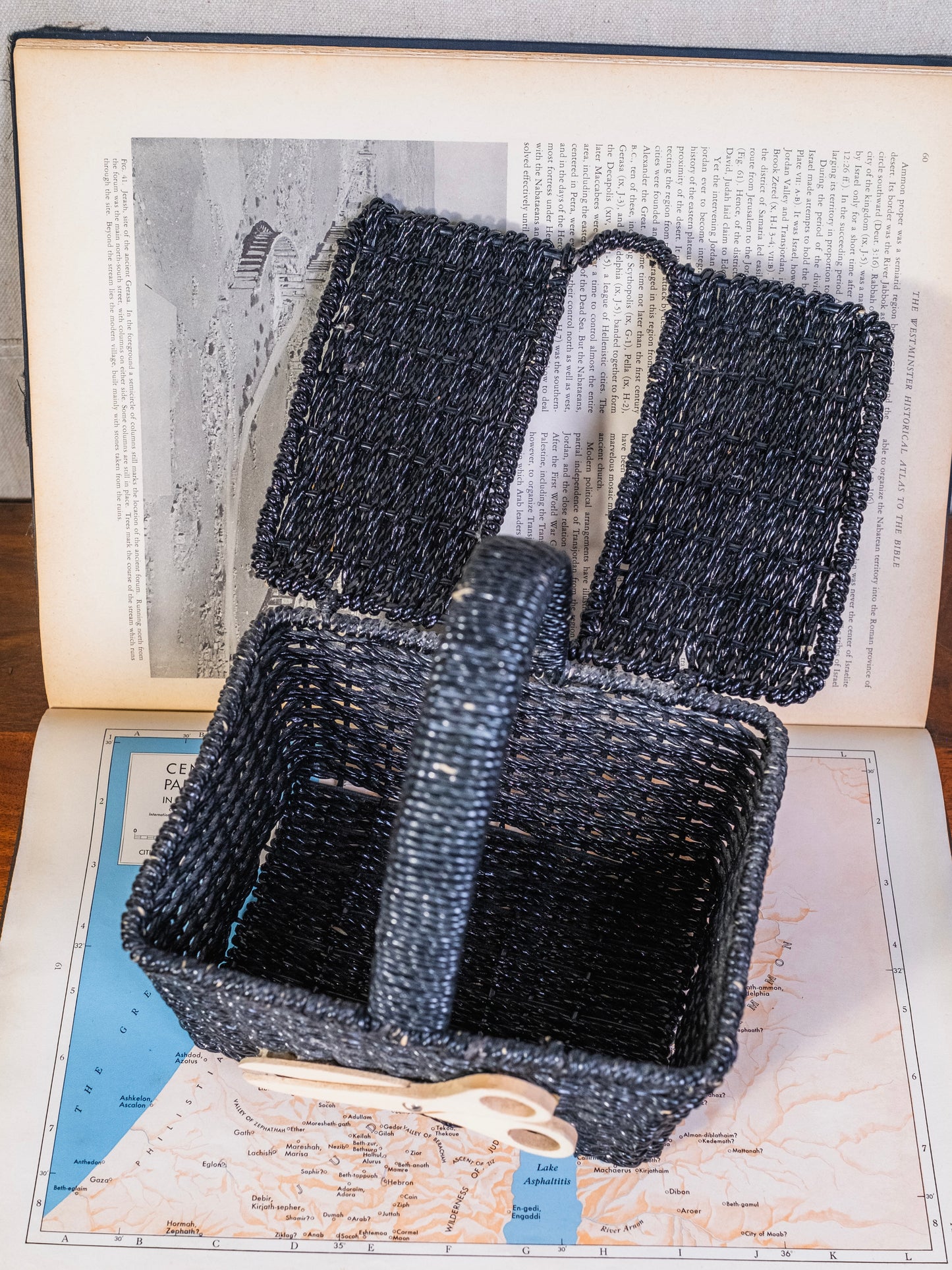 Vintage 1950s Black Woven Sewing Basket
