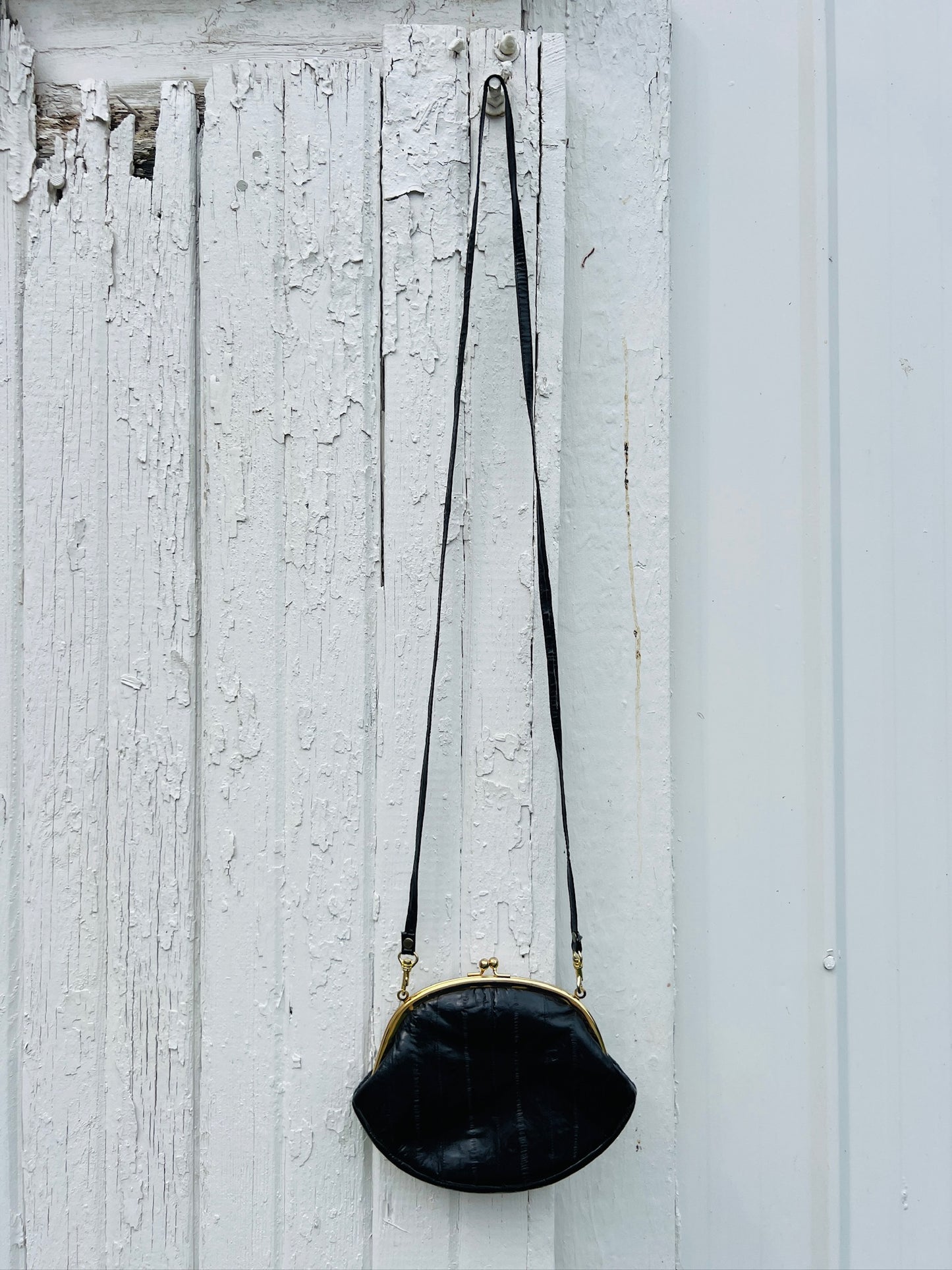 Vintage 1960s Black Eel Skin Crossbody Purse / Clutch