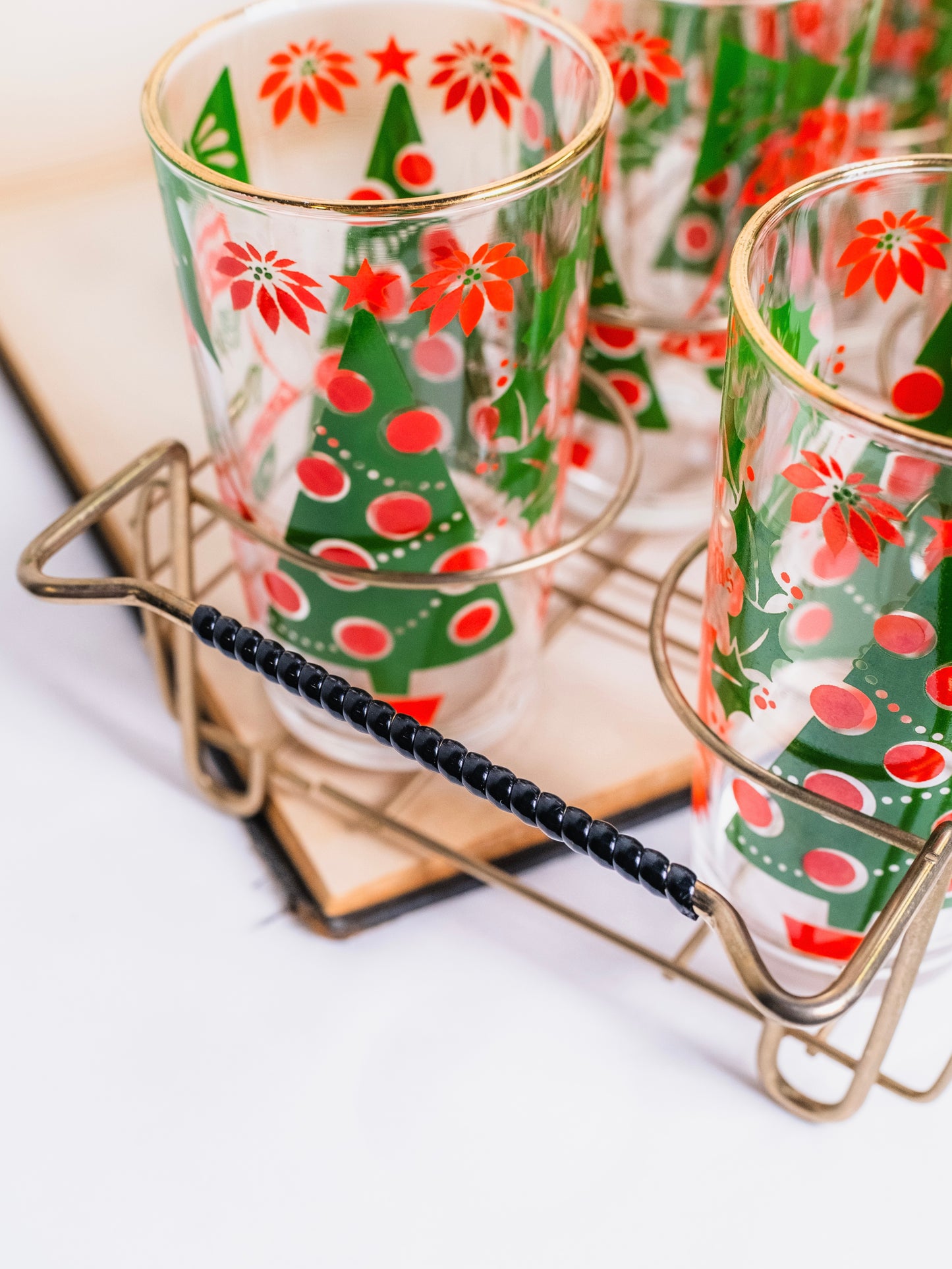 Vintage 1950s Hazel-Atlas Holiday Glass Tumblers & Metal Caddy | Set of 8