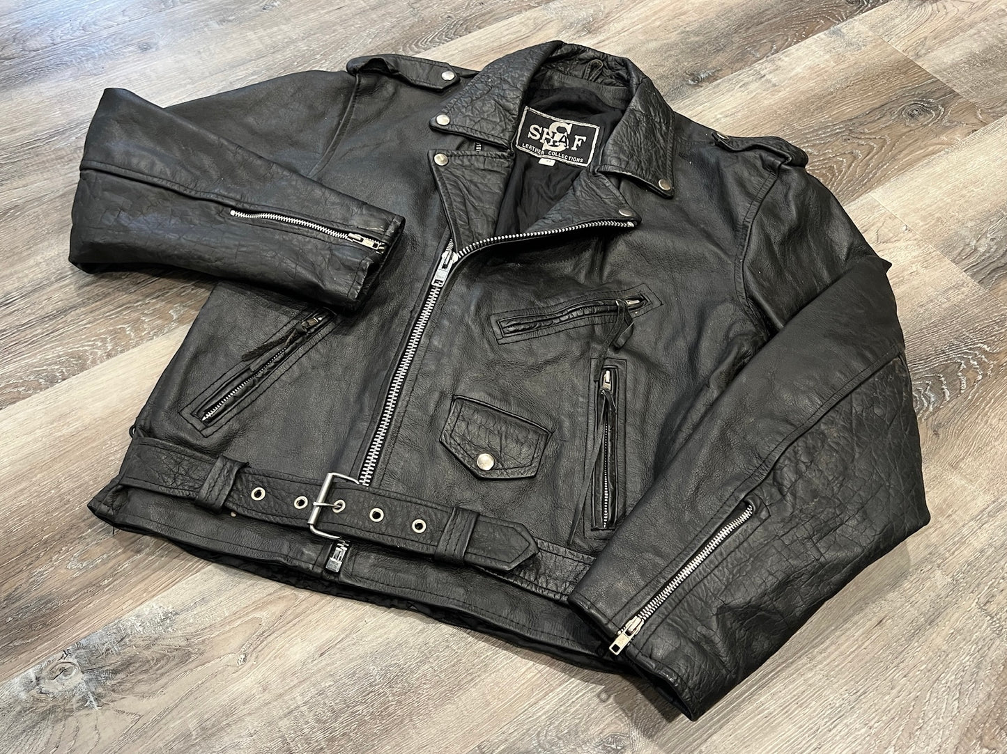 Vintage 1980s Shaf Black Leather Motorcycle Jacket | L/XL