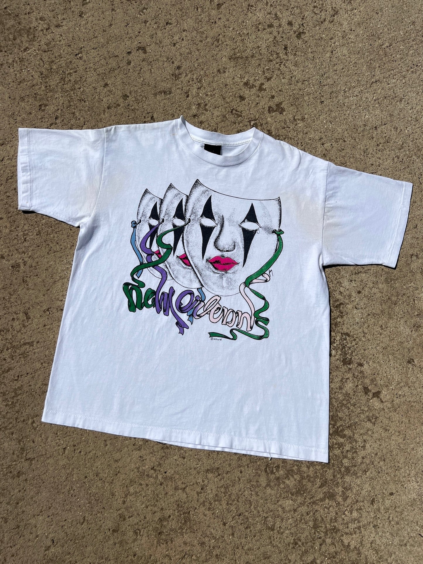 Vintage 1990s White New Orleans Masquerade Mask Tee | XL
