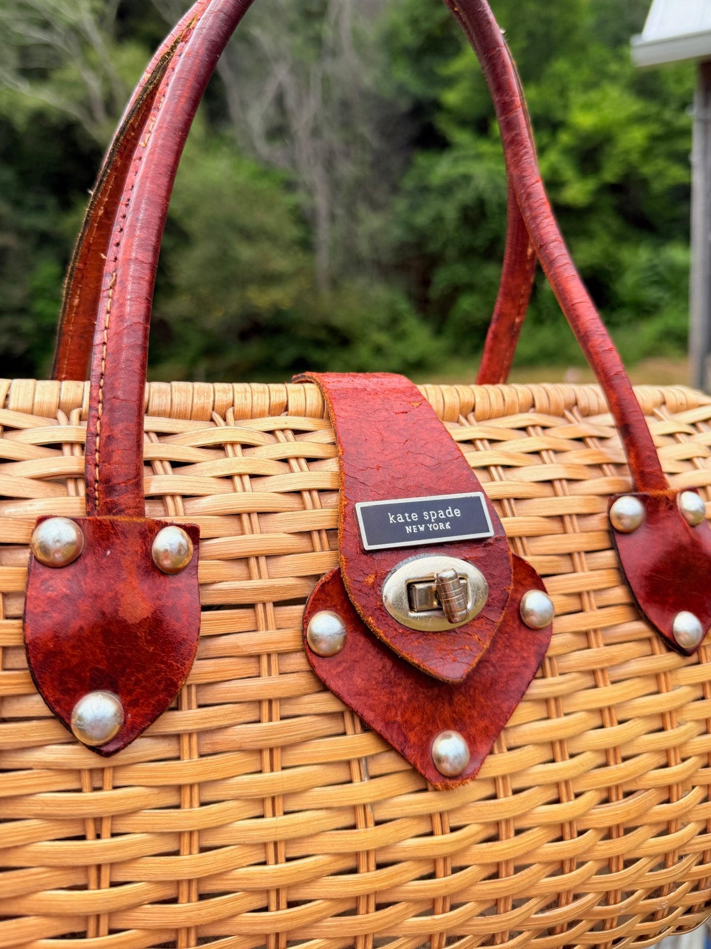 Vintage 1990s Kate Spade Woven Wicker & Leather Accent Top Handle Bag
