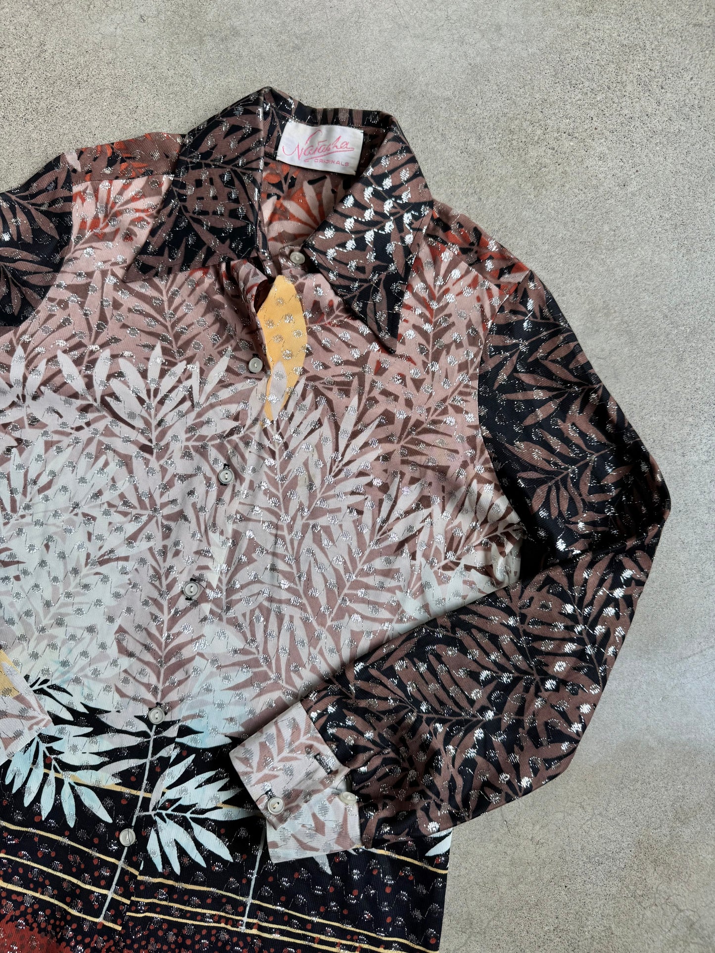 Vintage 1970s Natasha Originals Botanical Print Metallic Disco Shirt | Medium