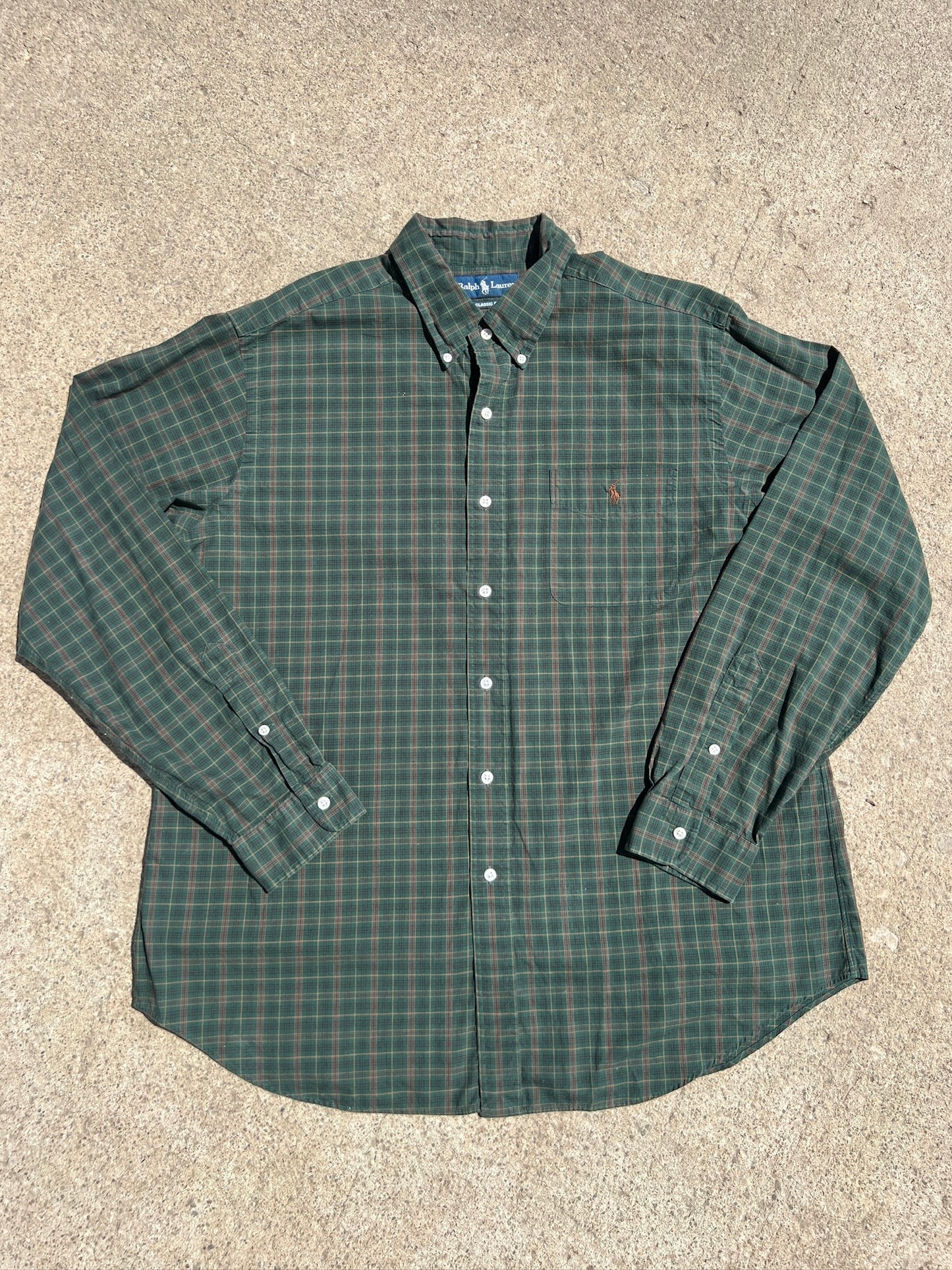 Vintage 1990s Ralph Lauren Green Plaid Cotton Button Down Shirt | XL
