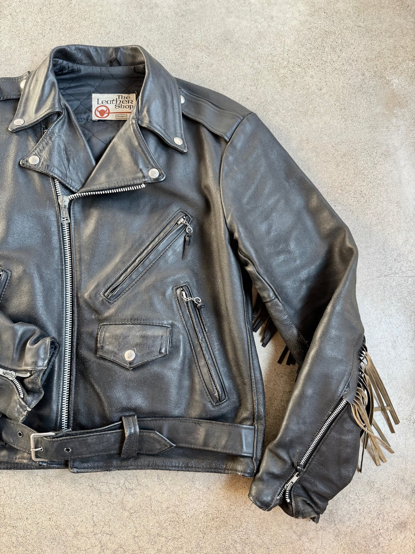 Vintage 1970s Sears Black Leather Fringe Biker Jacket | 40R