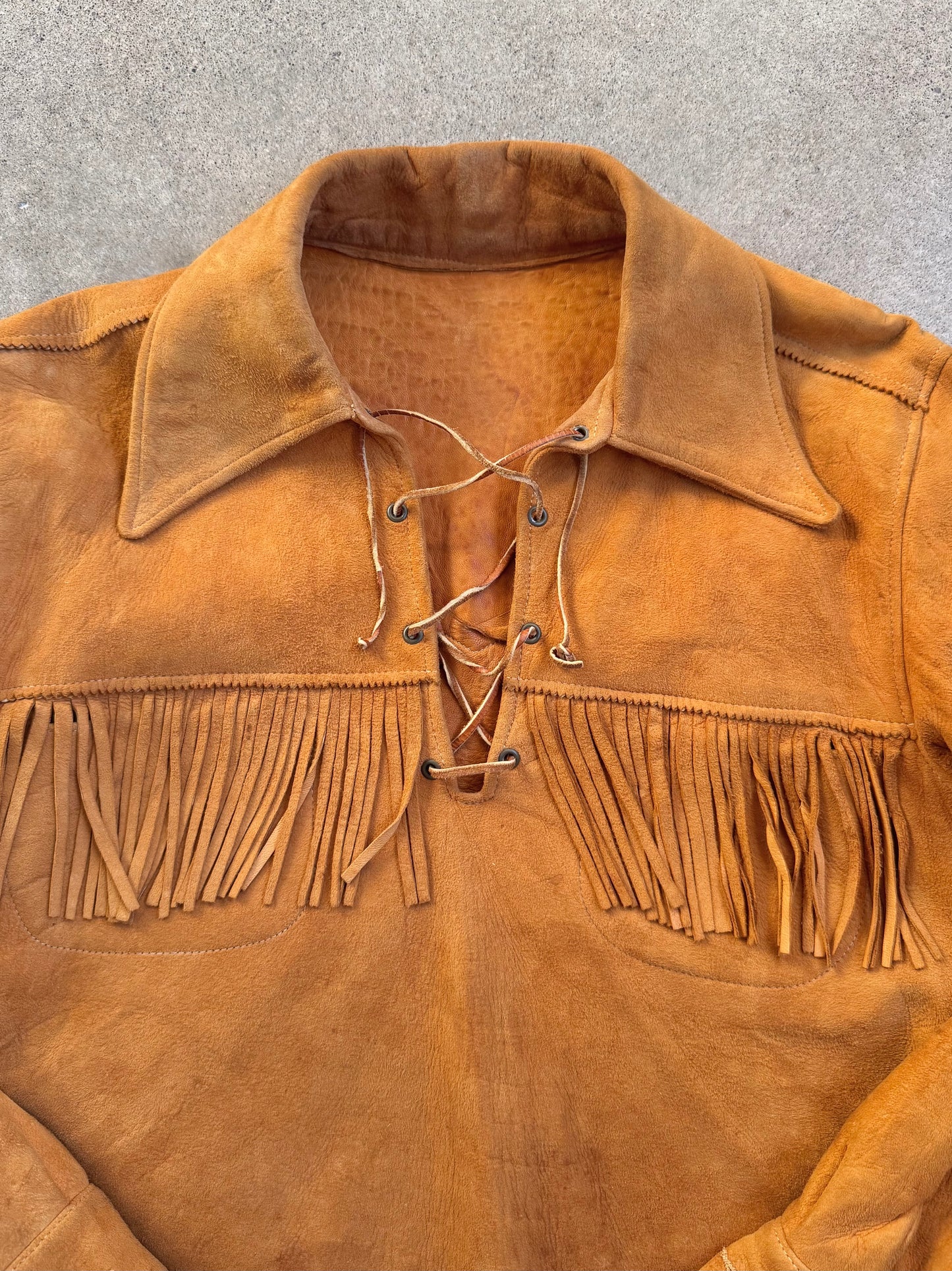 Vintage 1970s Handmade Deerskin Suede Leather Lace-Up Fringe Shirt | M/L