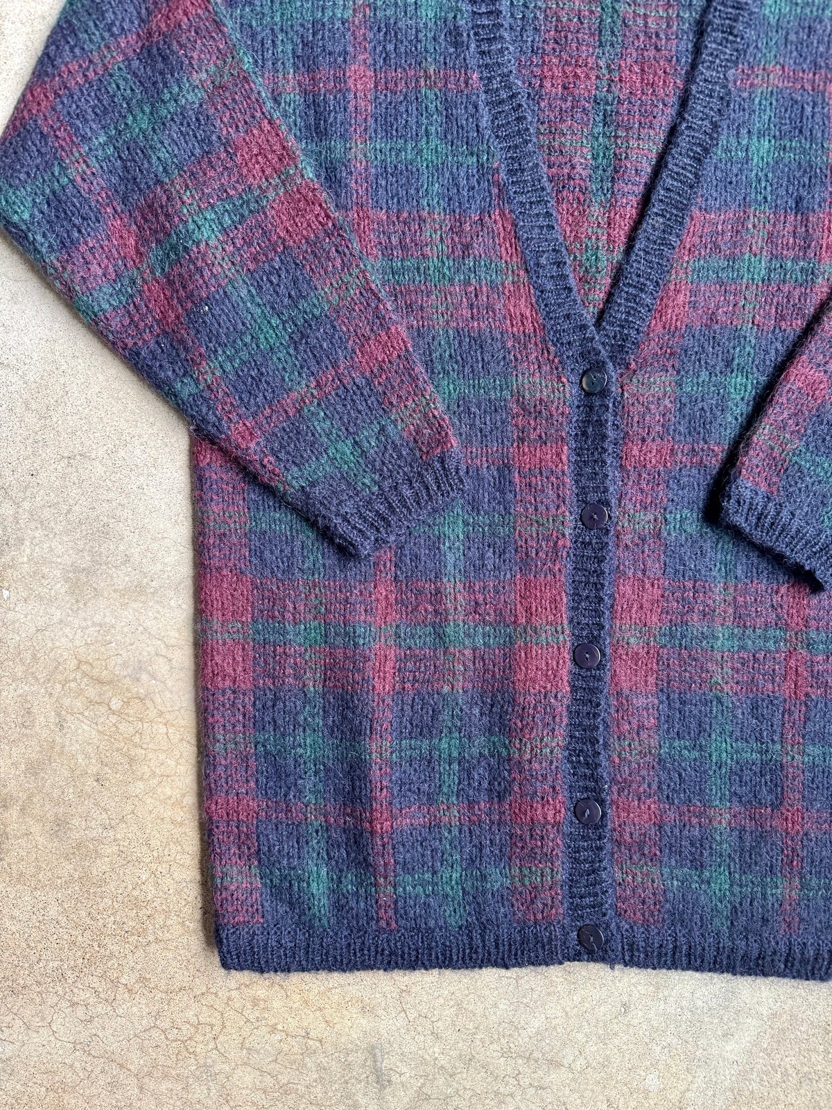 Vintage 1990s Paul Harris Design Dark Plaid Mohair-Blend Knit Cardigan | Small