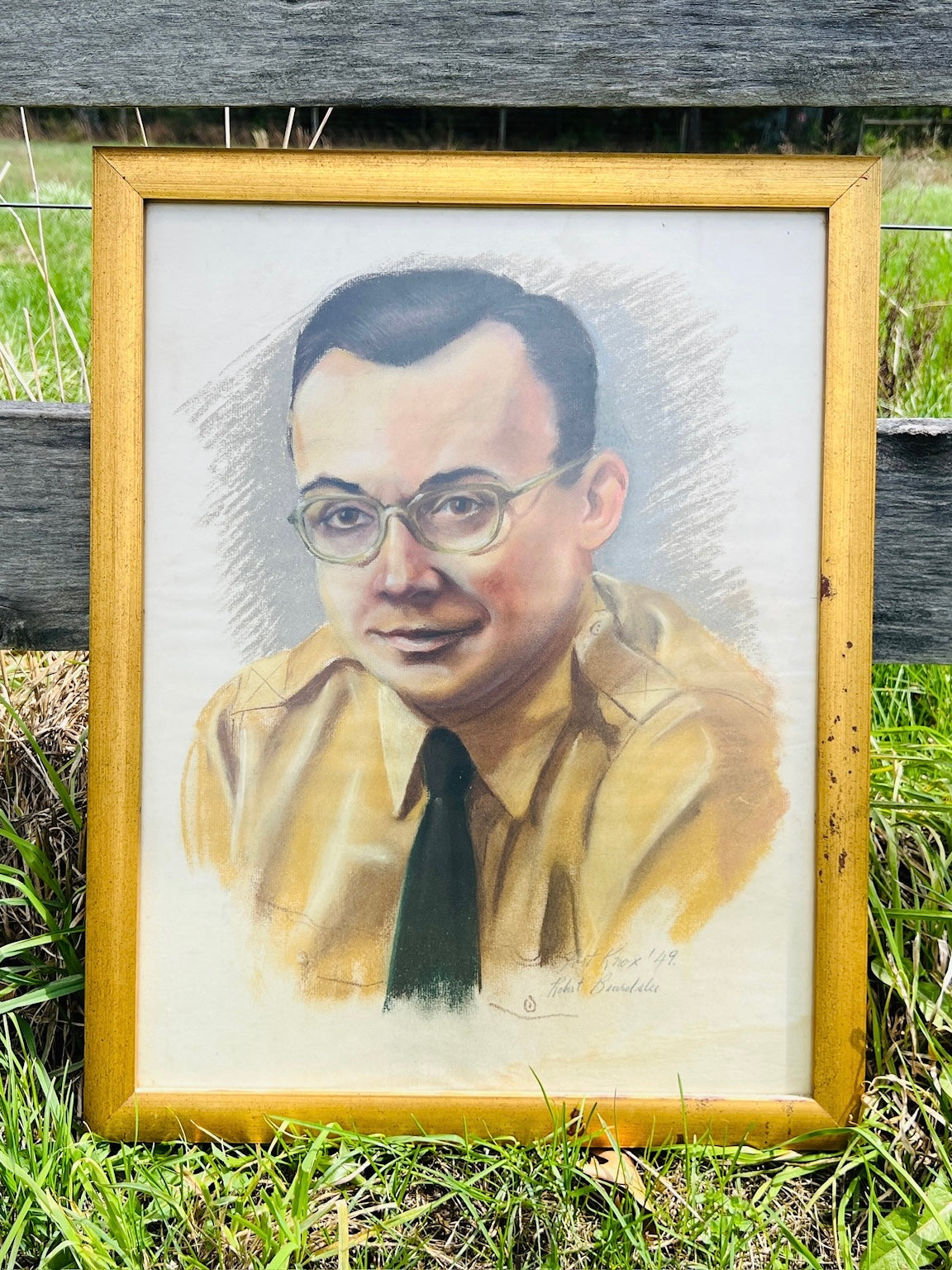 Vintage 1940s Framed Colored Pencil Drawing of Serviceman Fort Knox