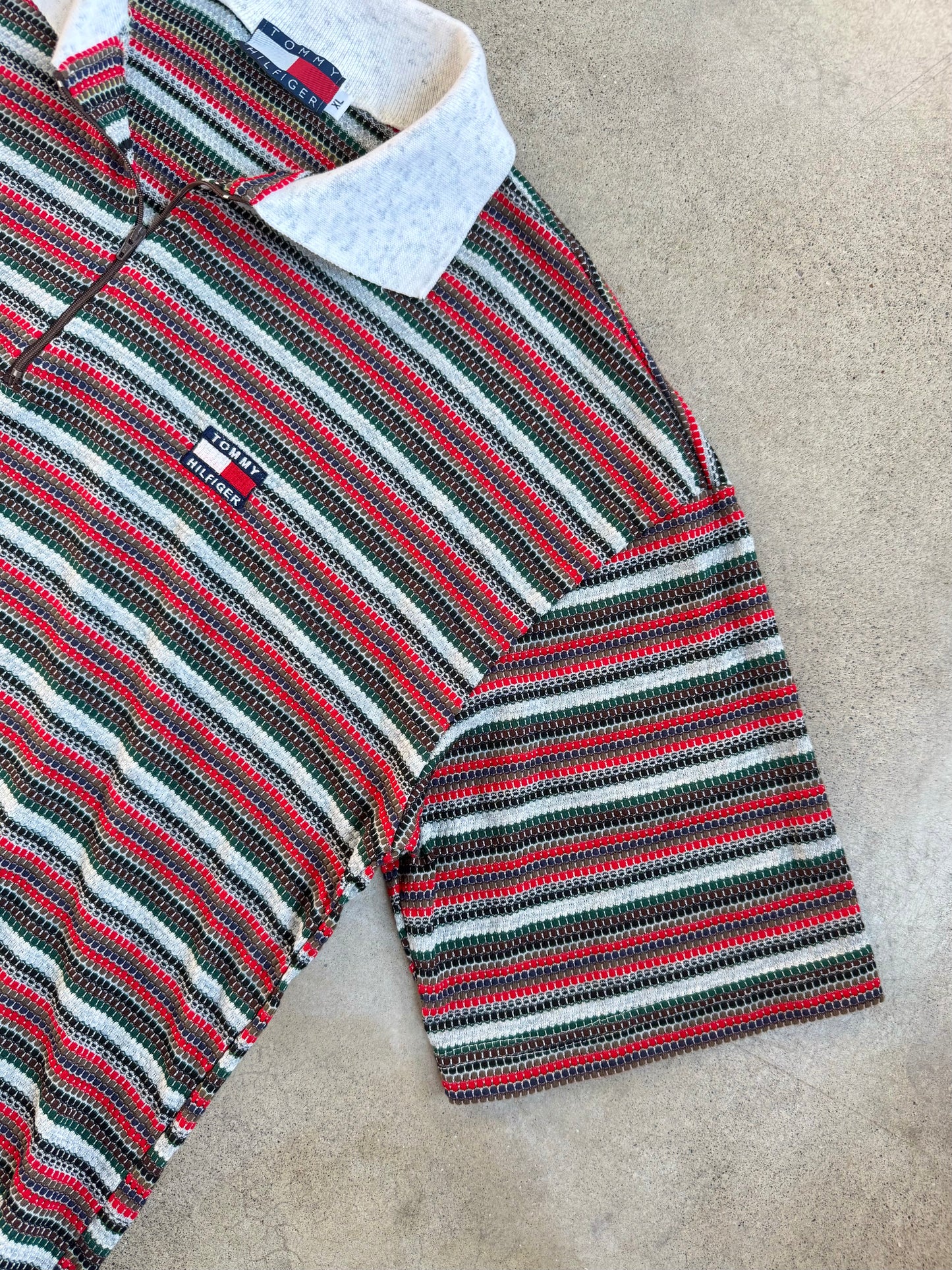 Vintage 1990s Tommy Hilfiger Striped Quarter Zip Polo Shirt | XL