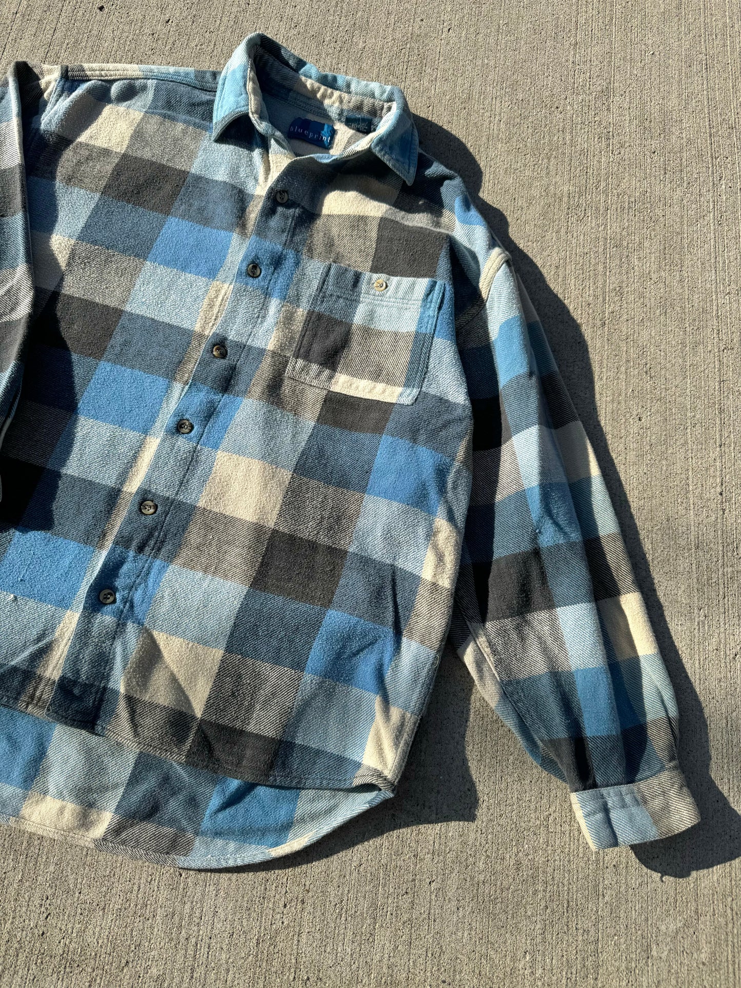 Vintage 1990s Blueprint Blue Plaid Cotton Flannel Shirt | Large