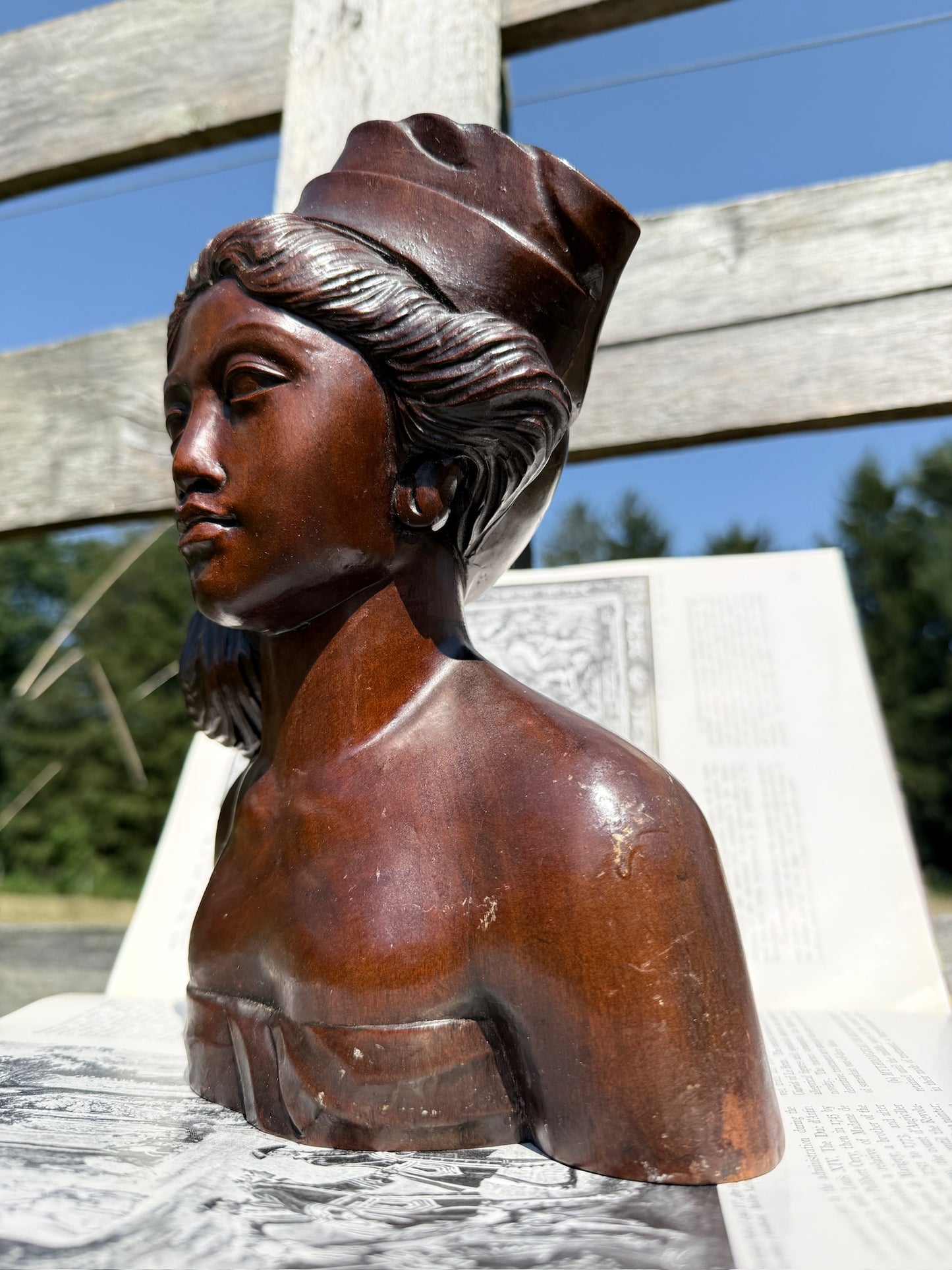 Vintage 1950s Wood Carved Balinese Princess Bust Statue