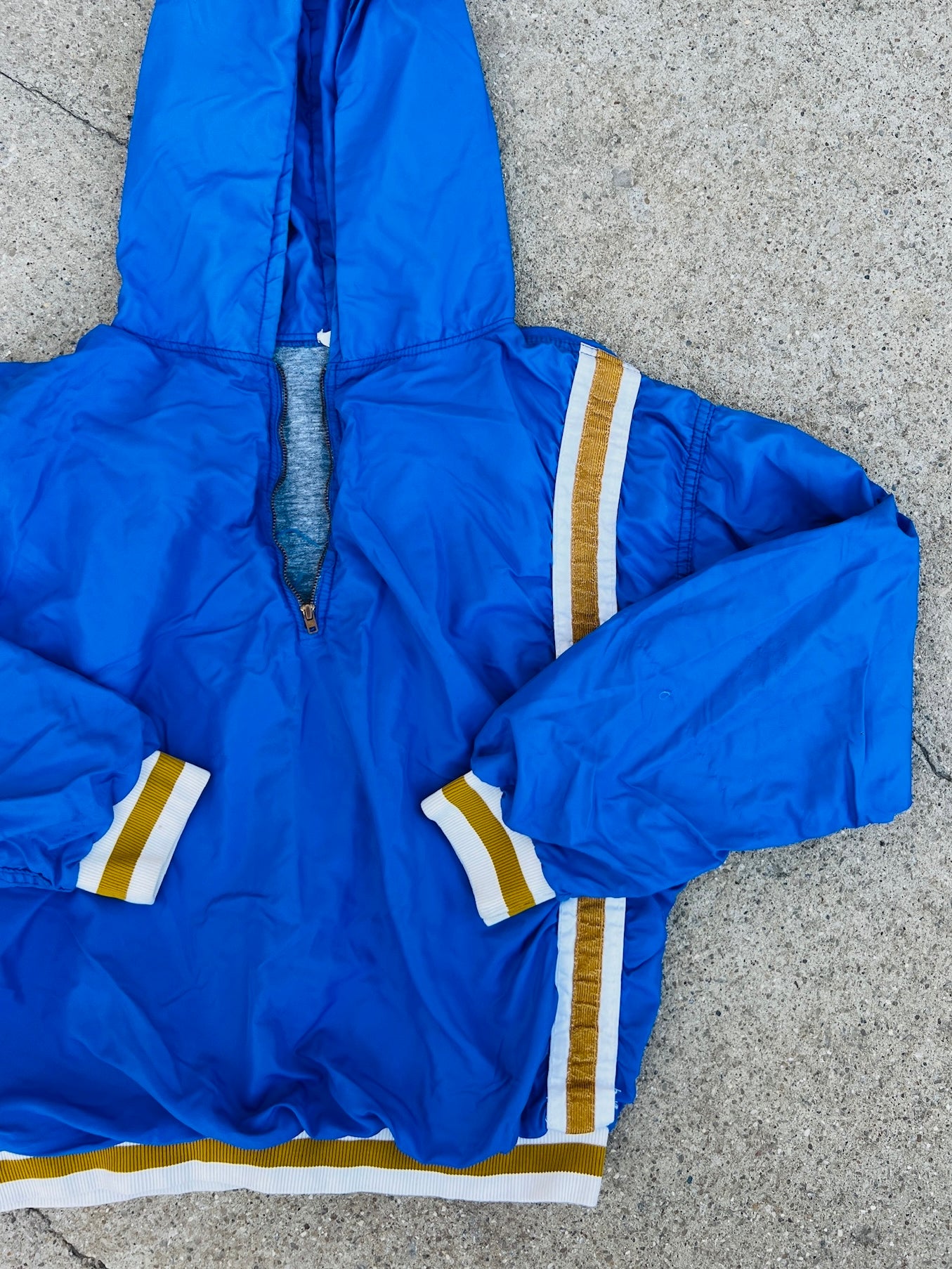 Vintage 1970s Blue Striped Half Zip Hooded Pullover Windbreaker | Large