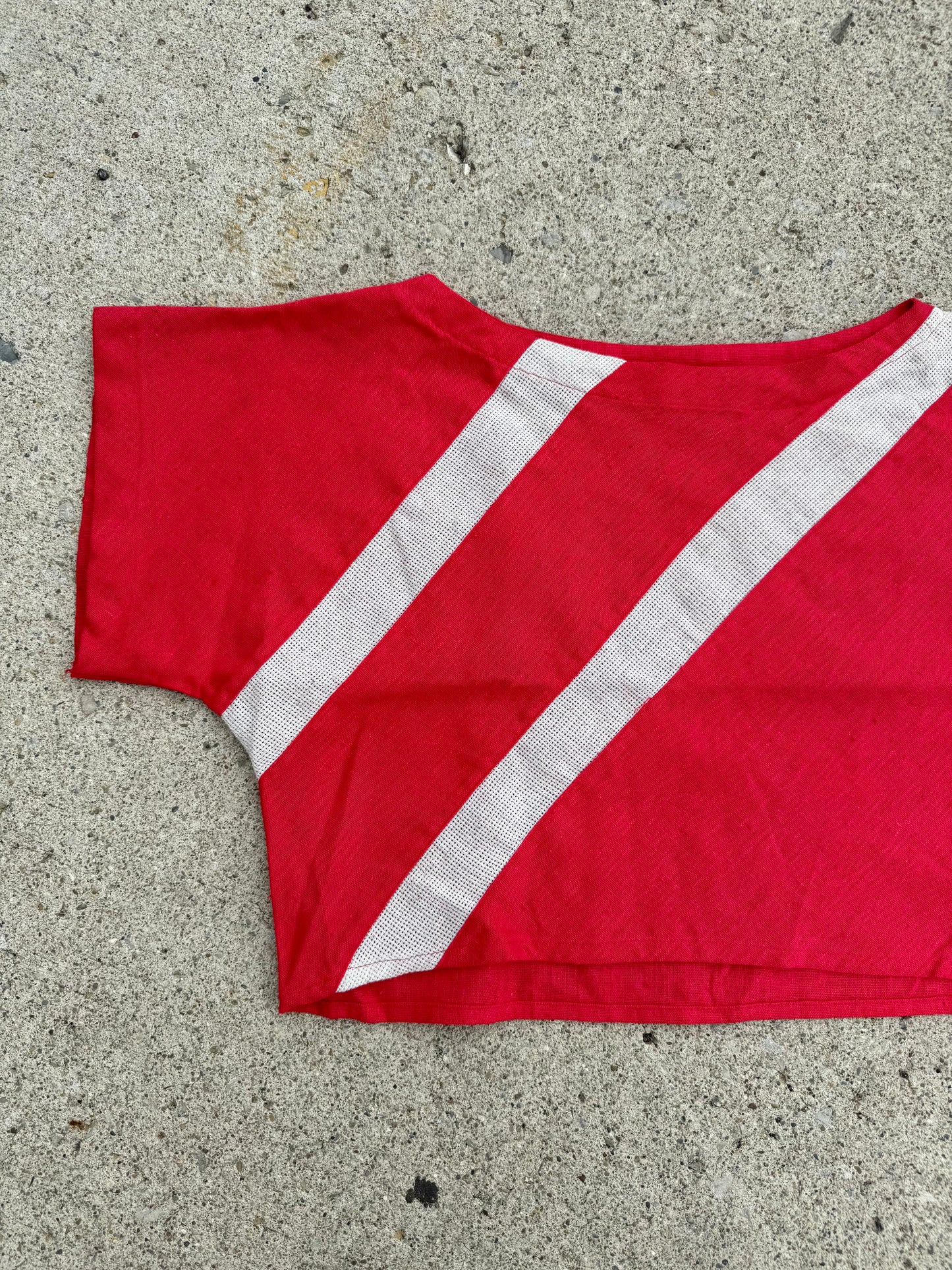 Vintage 1980s Sasson Red & Cream Cropped Linen Blouse | Large