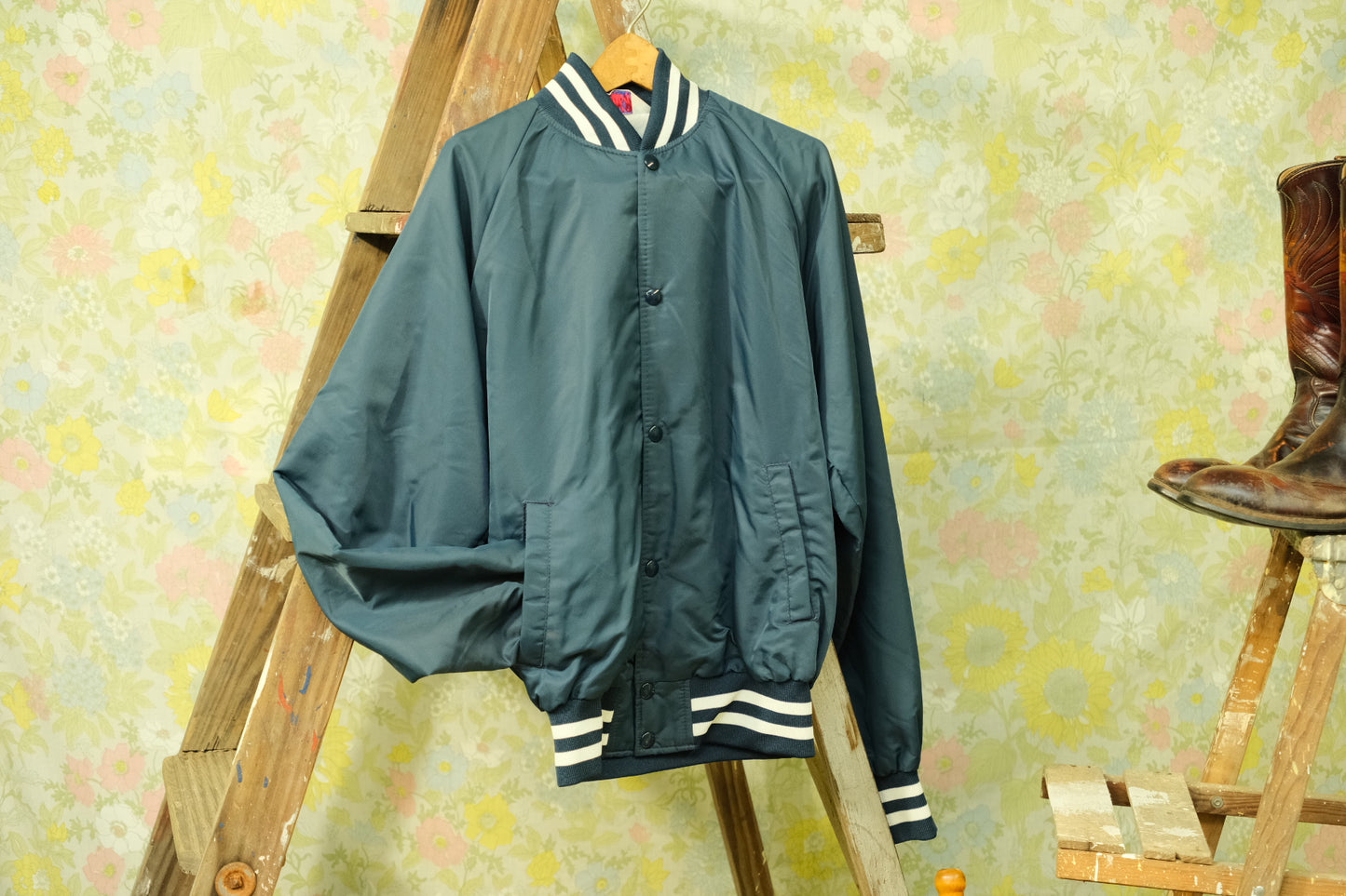 Vintage 1980s Marietta College Navy Varsity Bomber Jacket | Small