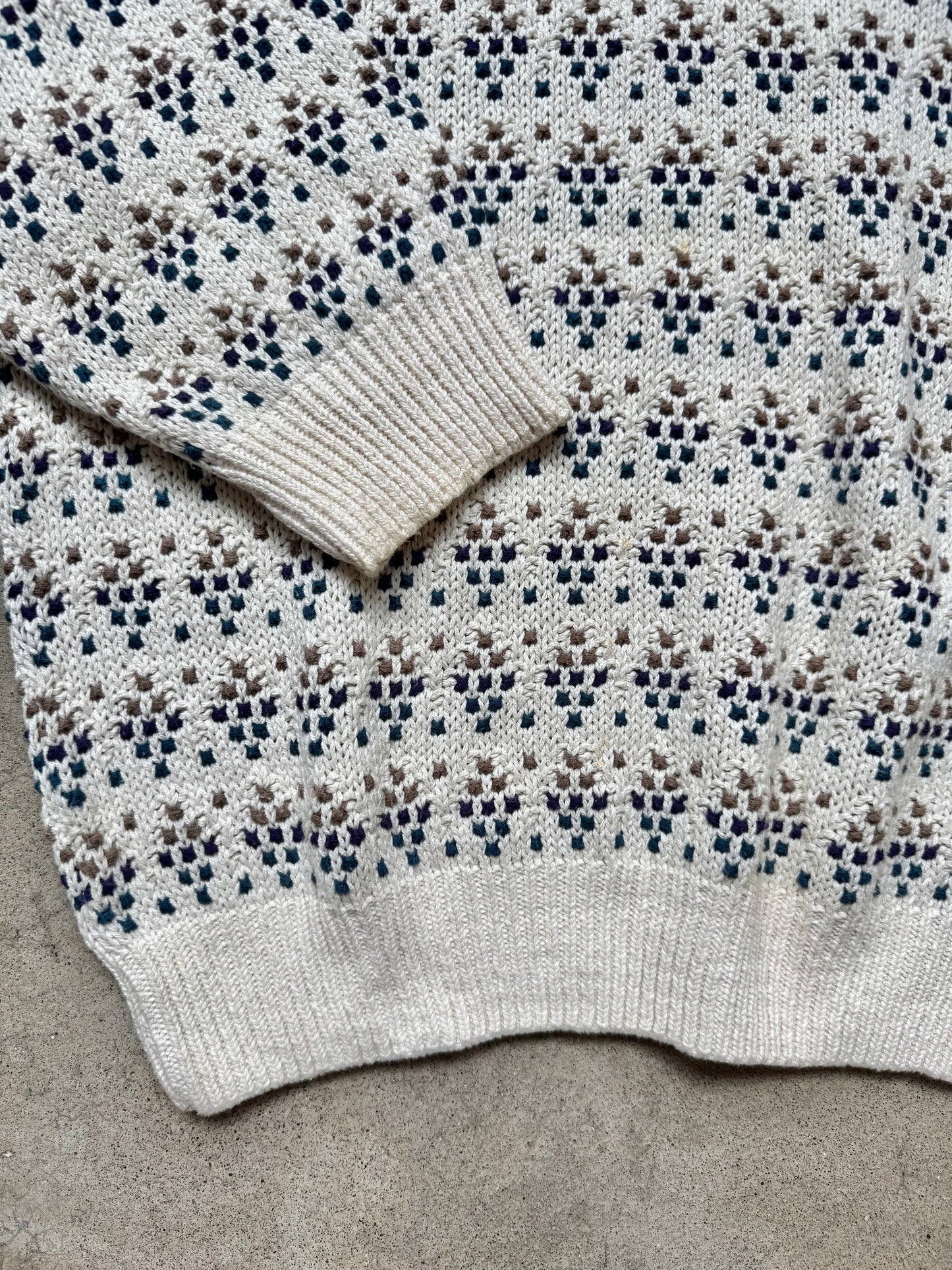Vintage 1990s Eddie Bauer Cream Patterned Knit Cotton Crewneck Sweater | XL
