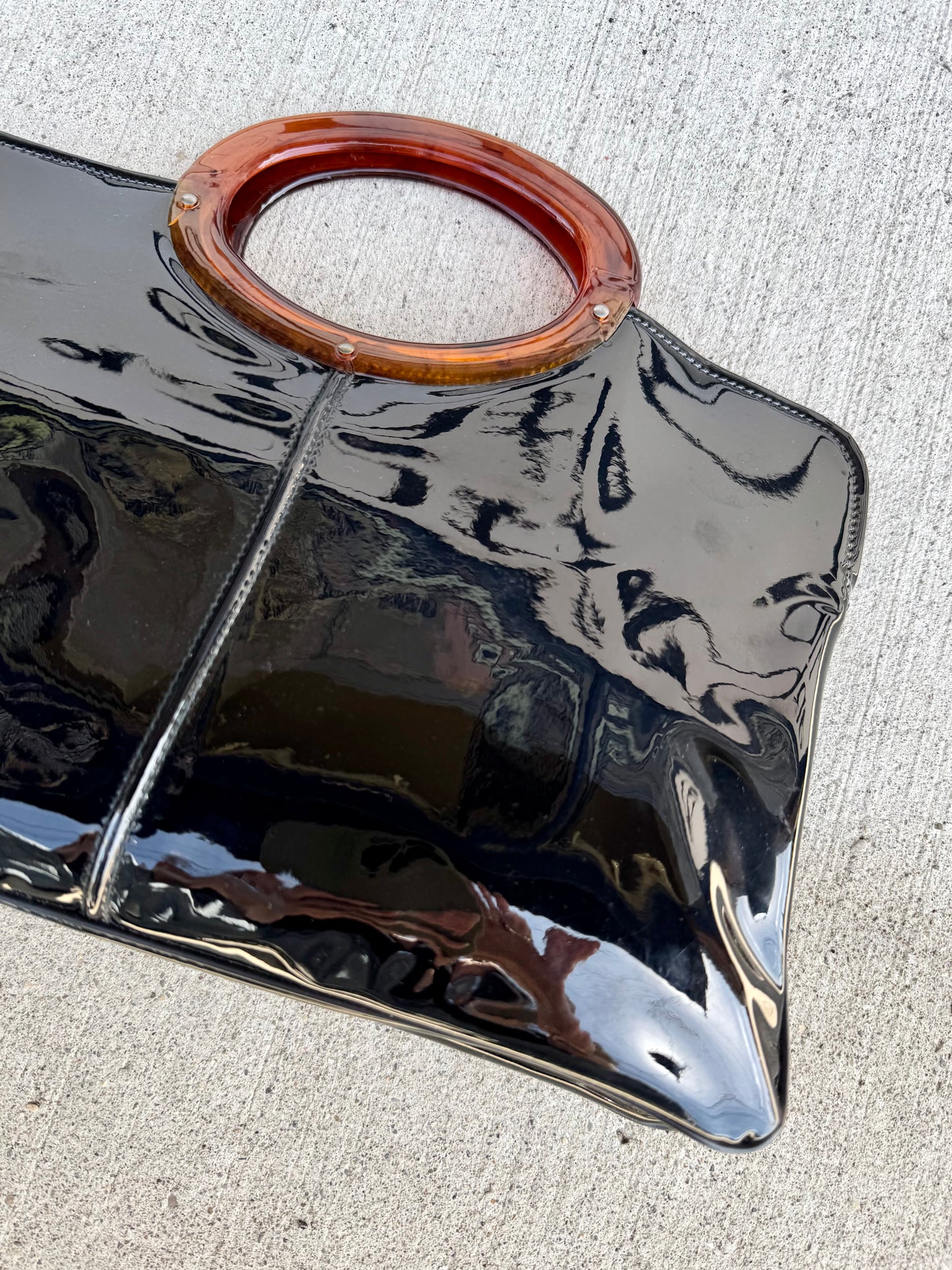 Vintage 1960s Black Vinyl Tortoiseshell Handle Handbag