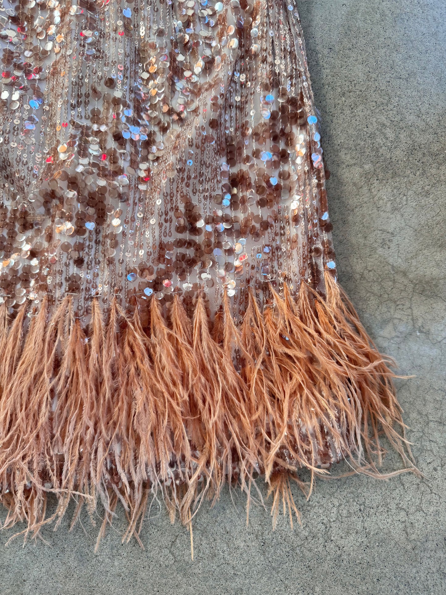 Antonio Melani Rose Gold Sequined Feather Cocktail Dress | Small