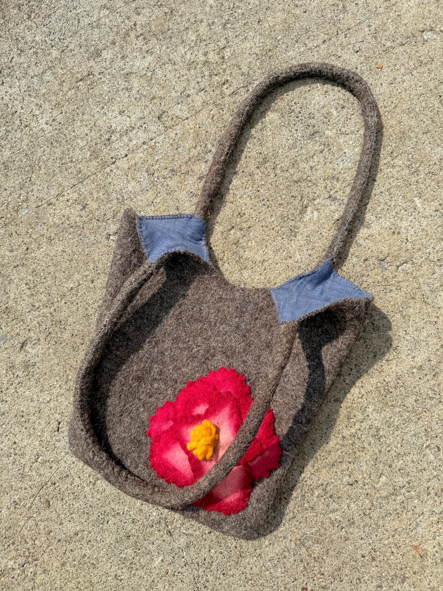 Vintage 1990s Wool Felted Peony Floral Shoulder Bag
