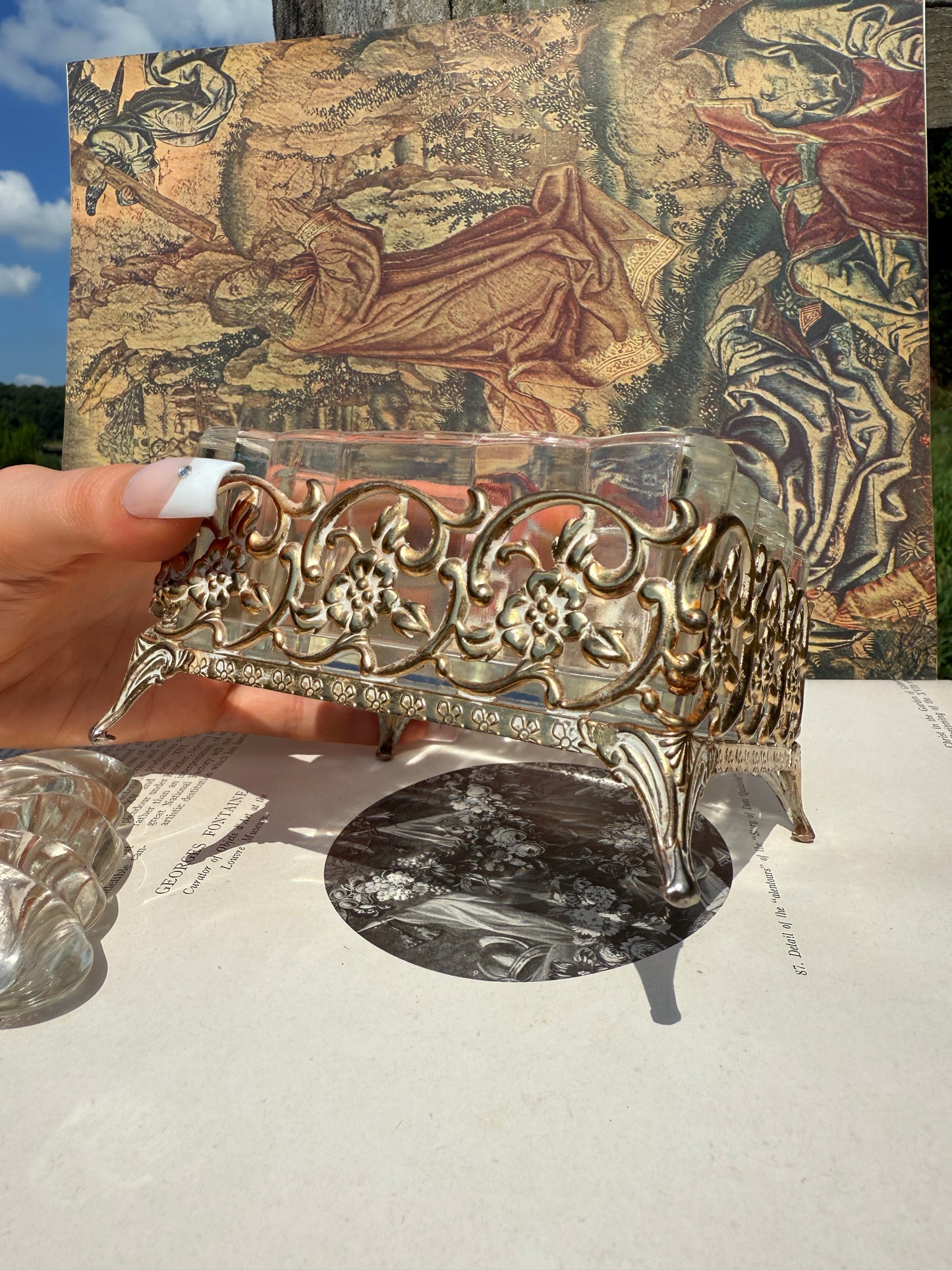 Vintage 1960s Glass Trinket Box w/ Gold-Tone Filigree Stand