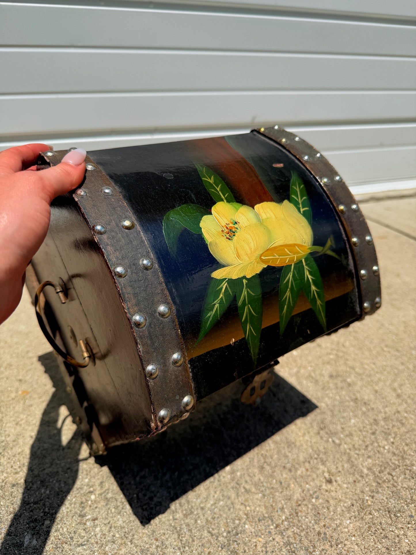 Vintage 1950s Hand-Painted Floral Small Wooden Chest