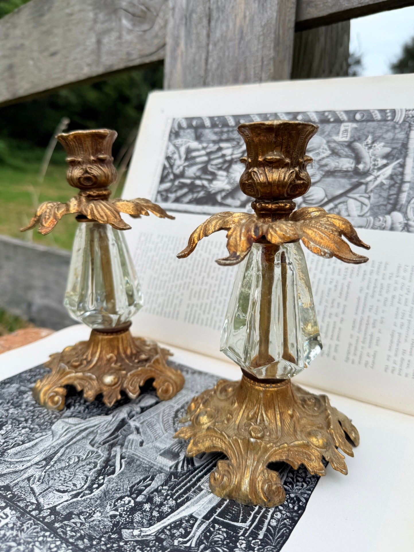 Vintage 1970s Loevsky & Loevsky Ornate Brass & Glass Candlestick Holders | Set of 2
