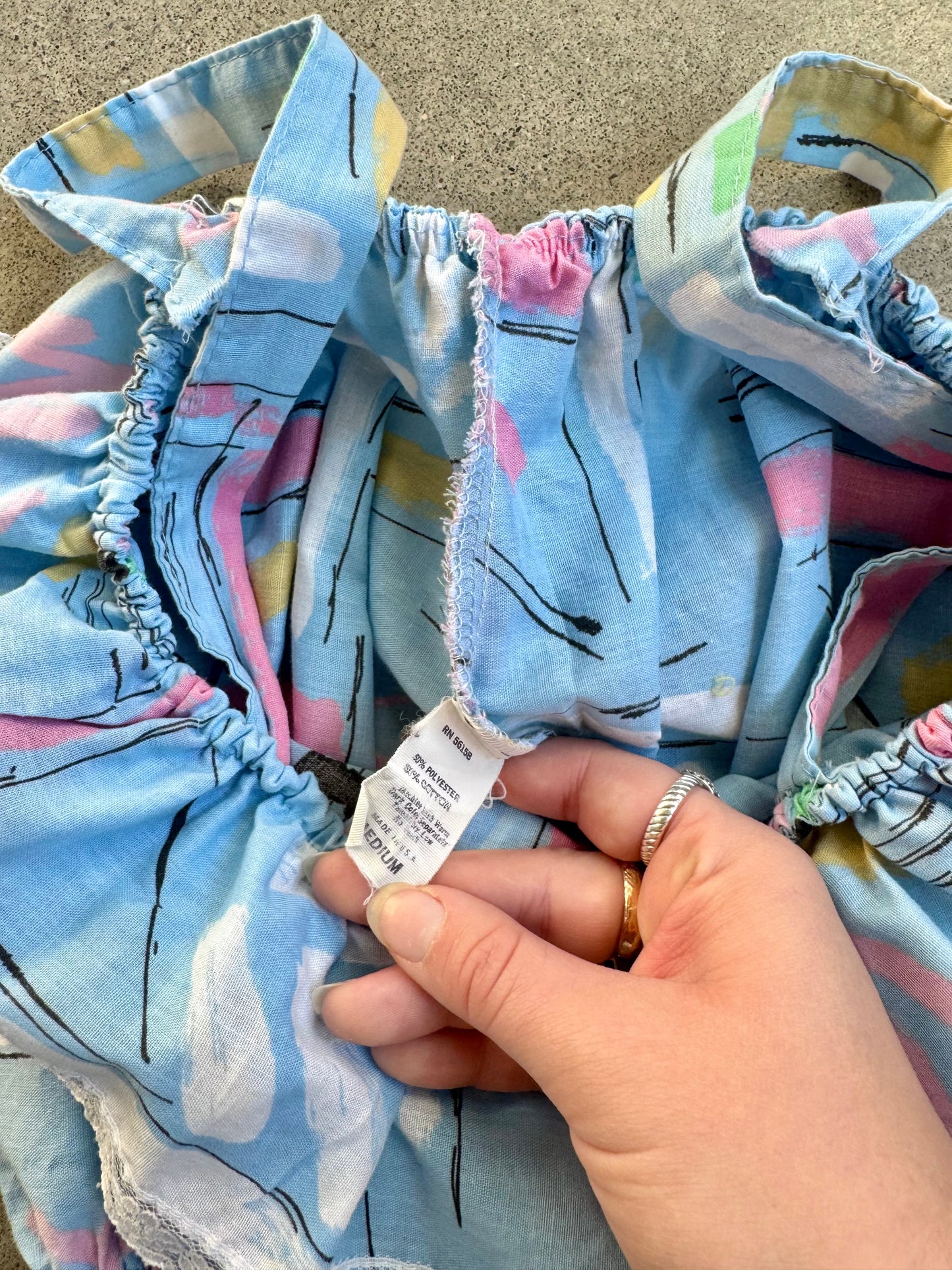 Vintage 1980s Pastel Printed Cinch-Waist Ruffled Midi Dress | Medium