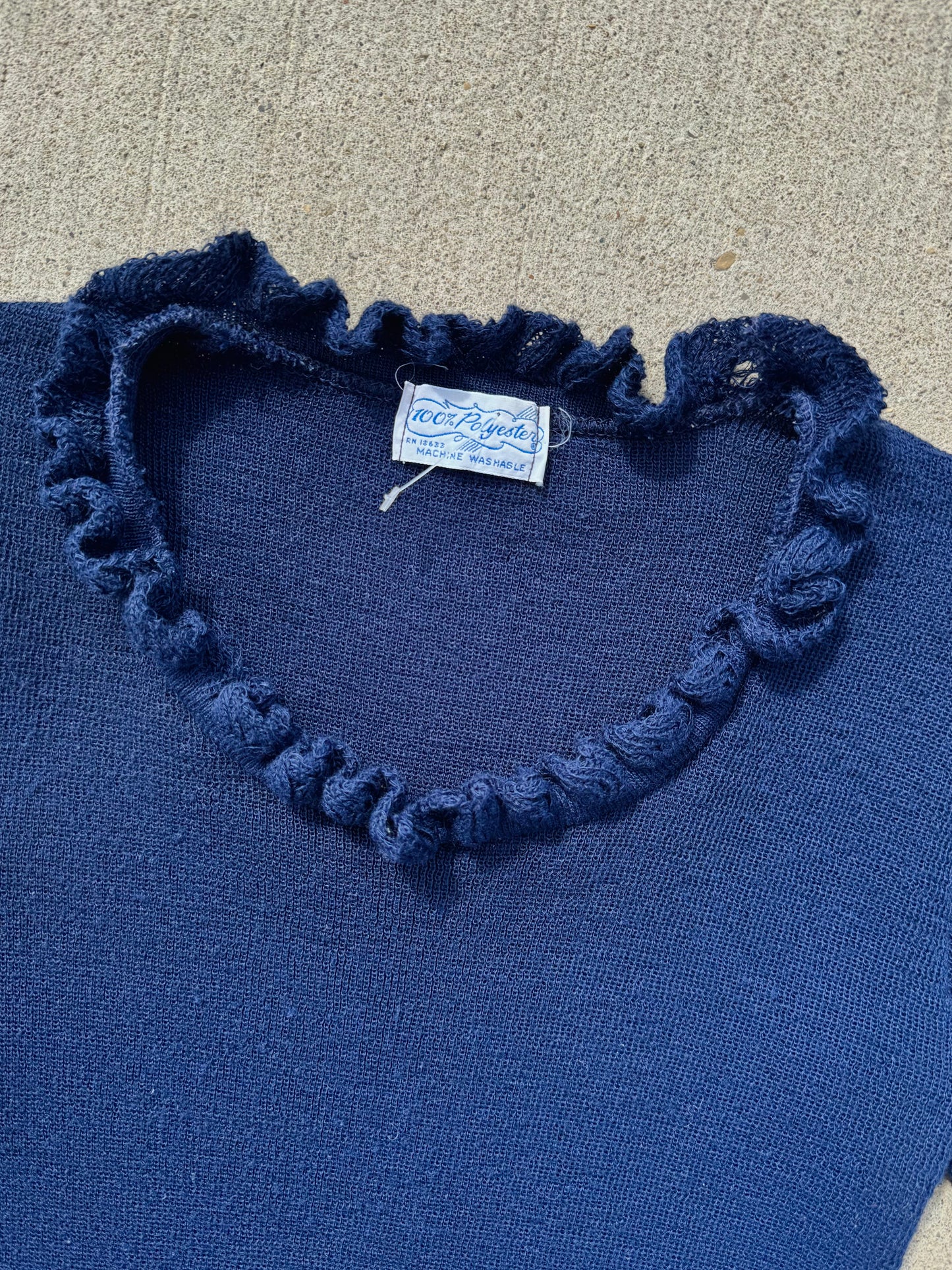 Vintage Navy Ruffle Trim Short Sleeve Fitted Sweater | Small